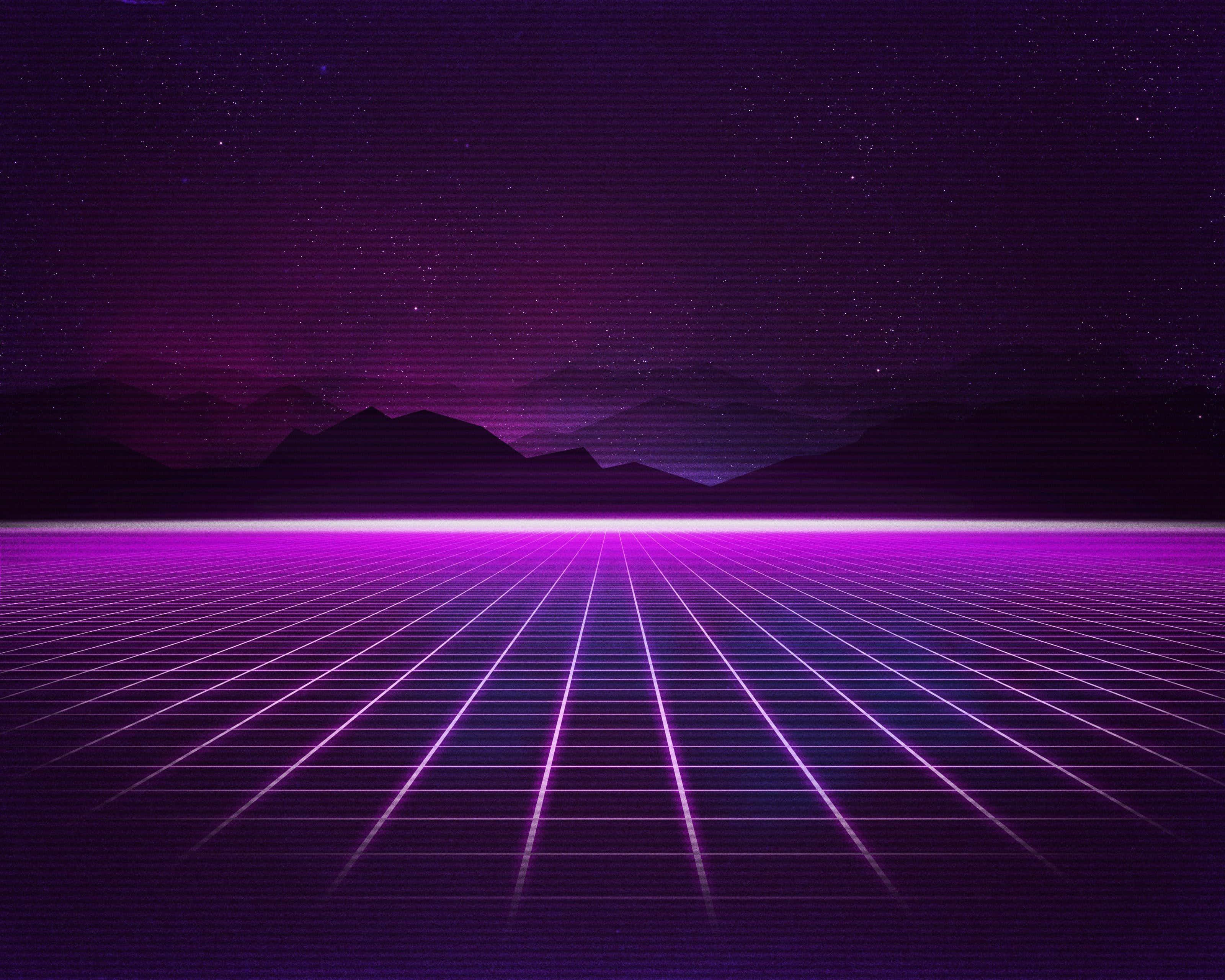 glowing purple grid, distant mountains, starry retro-futuristic night sky, 2K Desktop Wallpaper