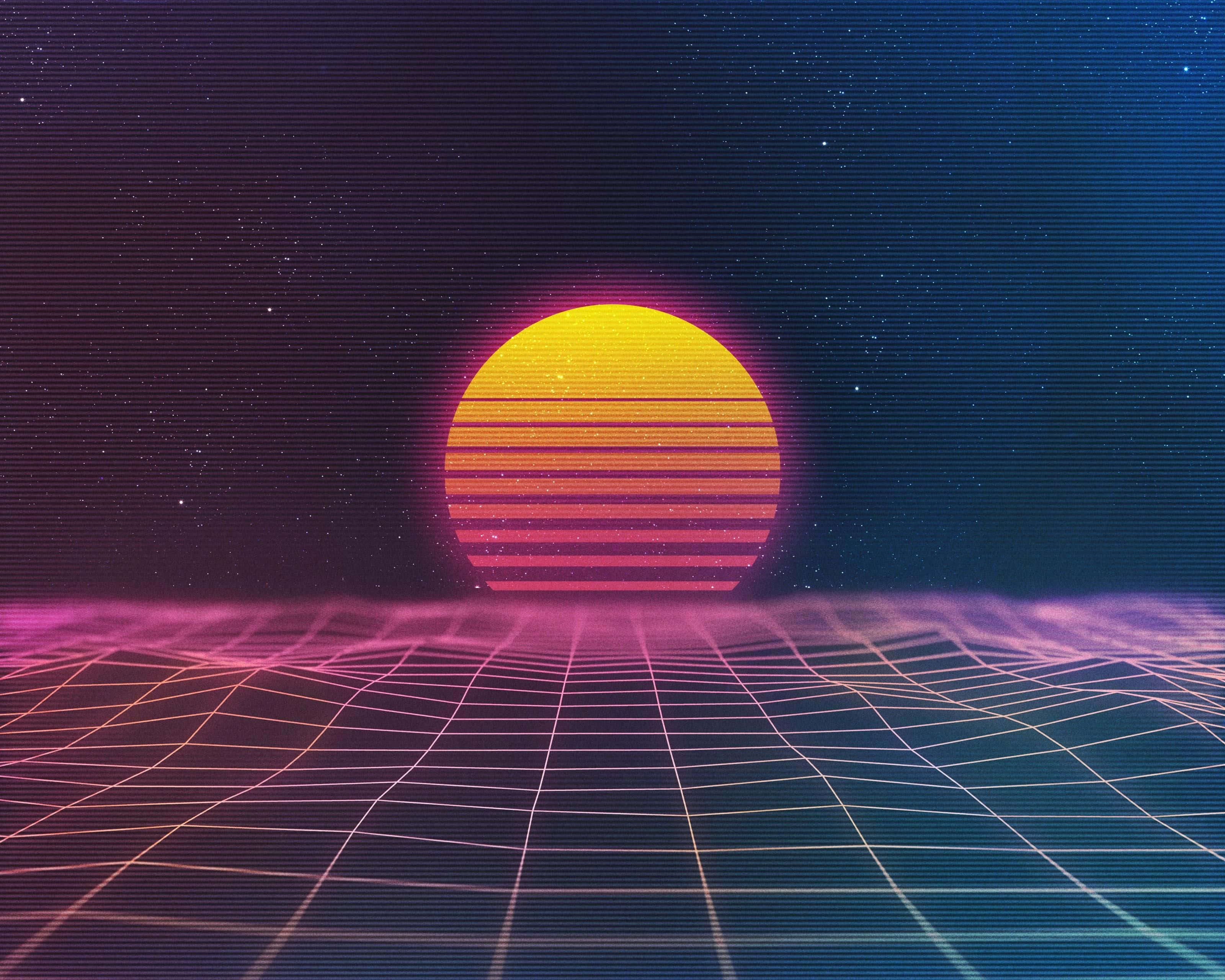 retro synthwave, sun, horizontal stripes, 2K Desktop Wallpaper