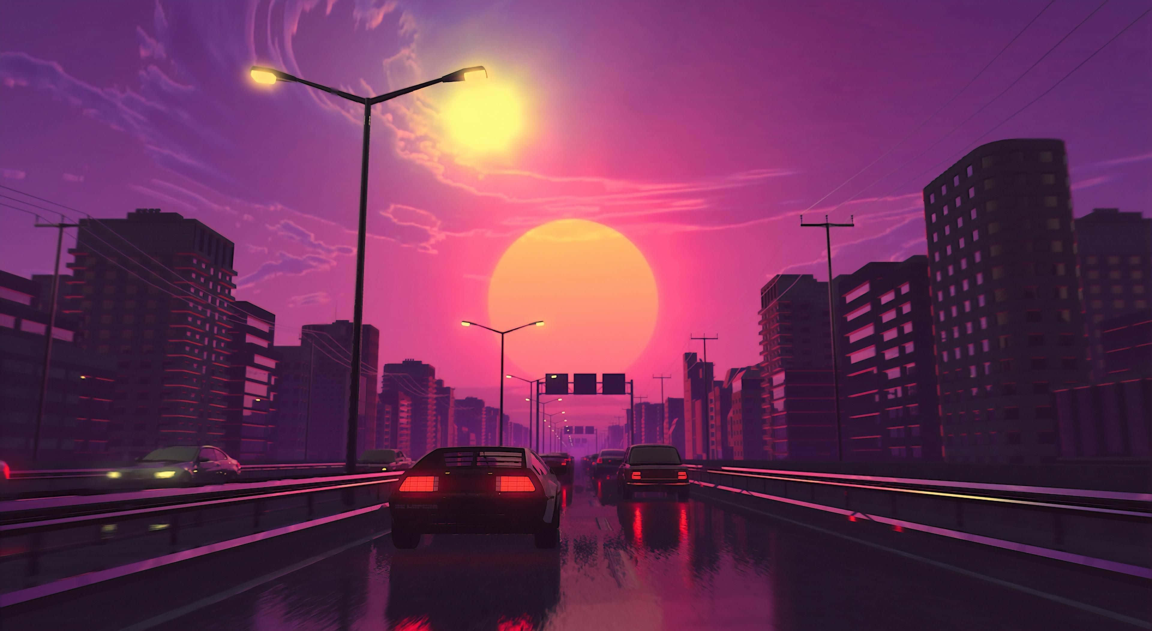 synthwave, sunset, cityscape, 4K Desktop Wallpaper