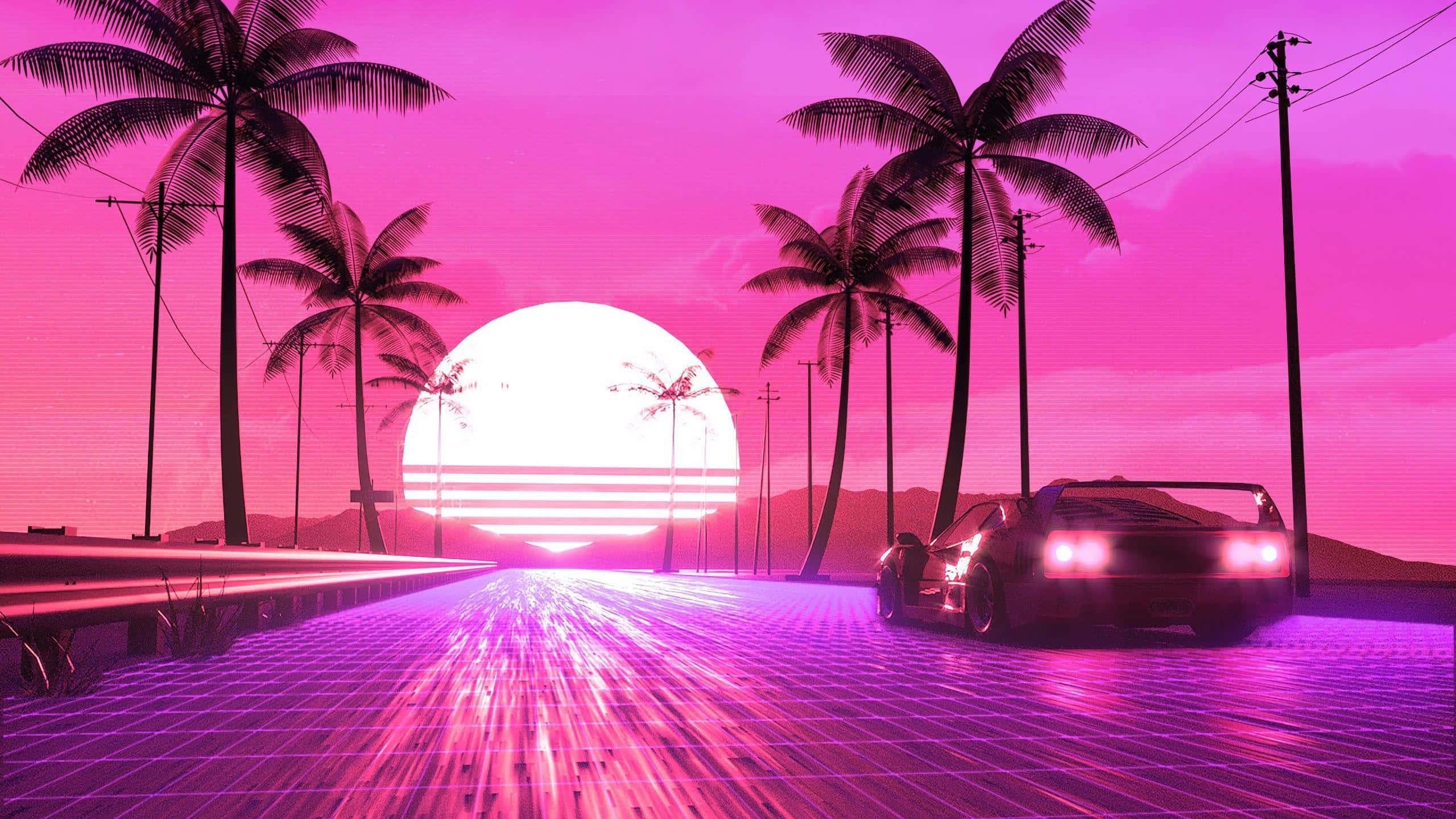 neon pink sunset, palm trees, sports car, 2K Desktop Wallpaper