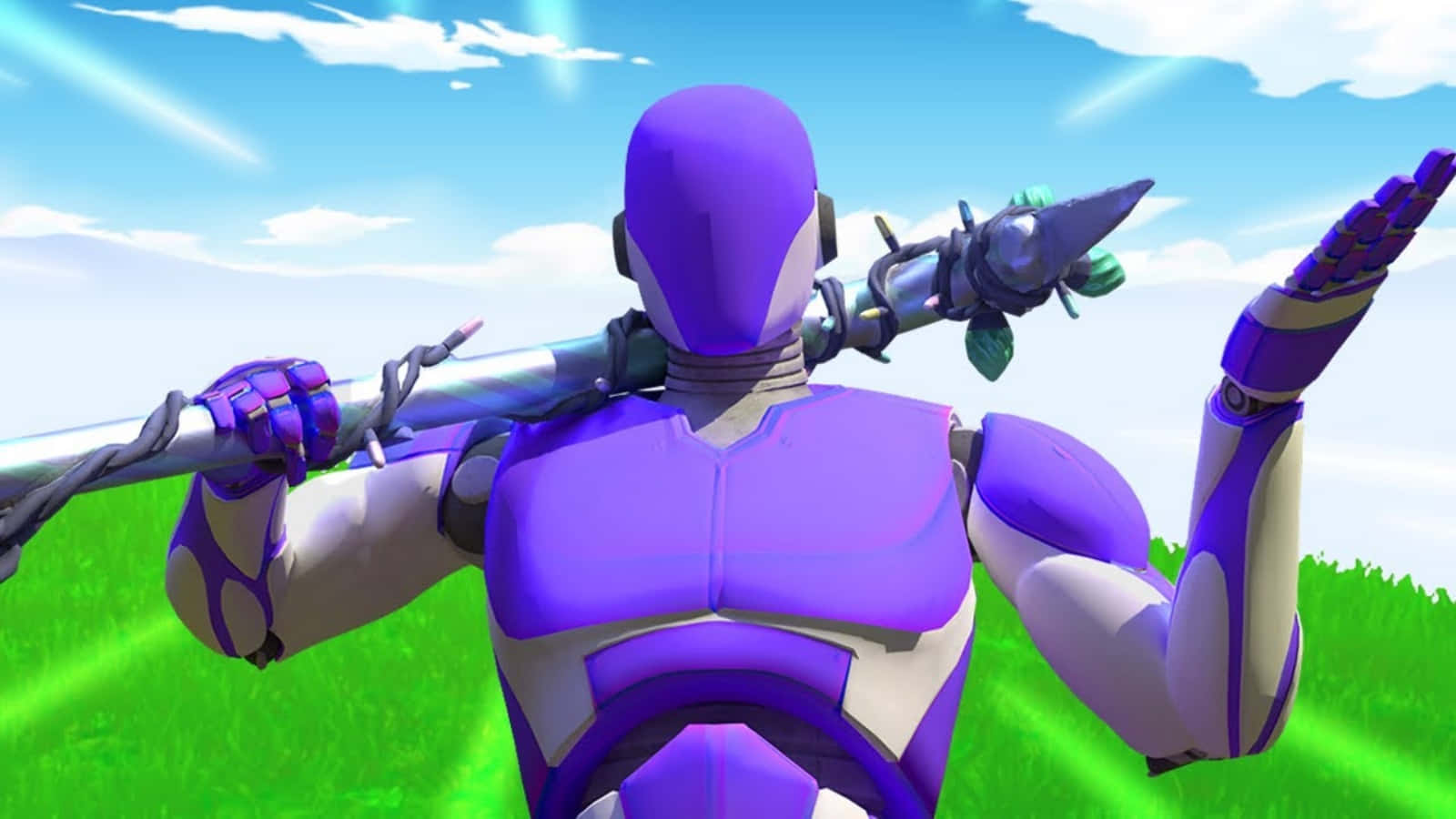 1v1lol, purple armored robot, vibrant green grass, HD Desktop Wallpaper
