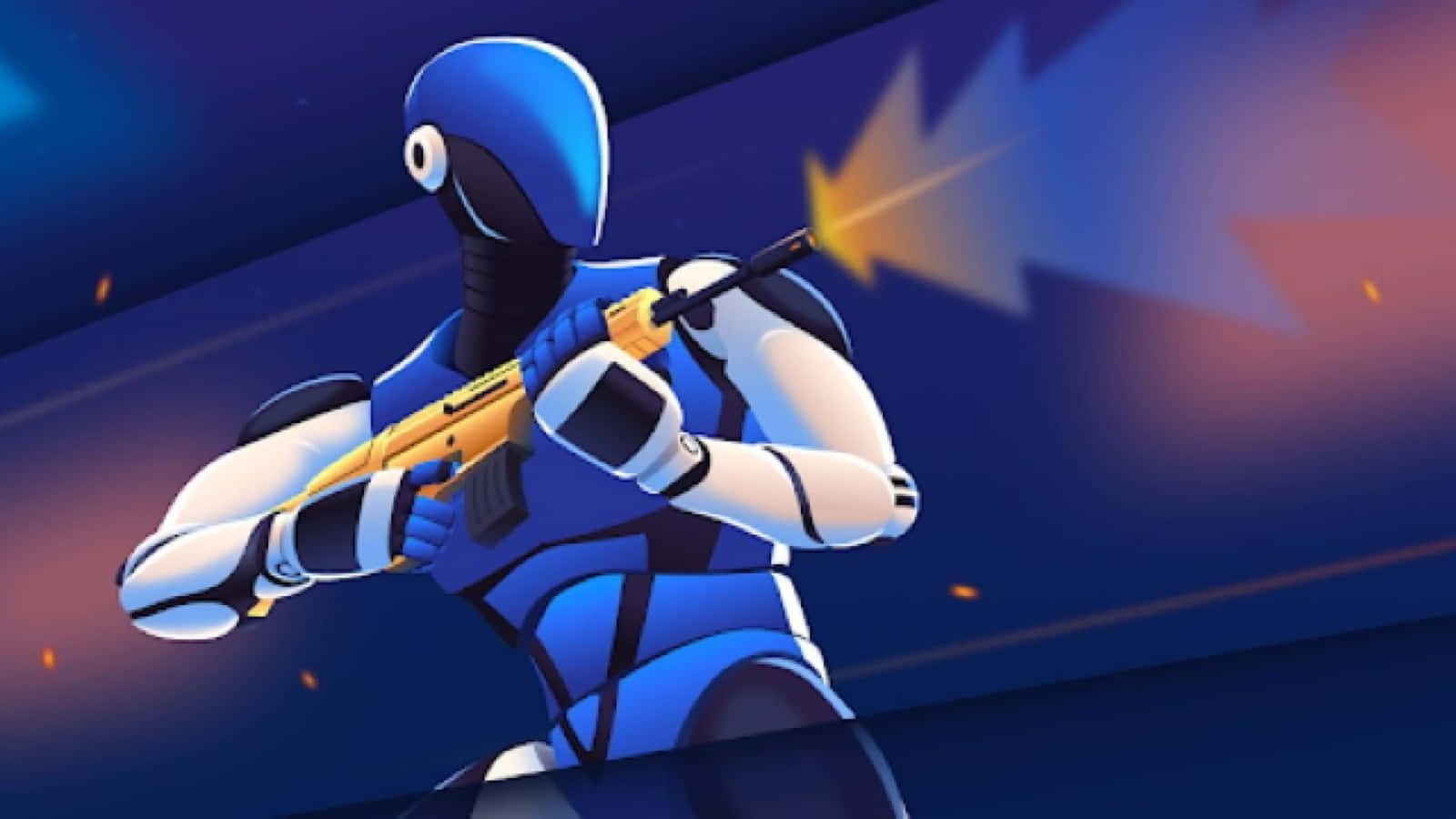 blue robot, gun, glowing yellow weapon, HD Desktop Wallpaper