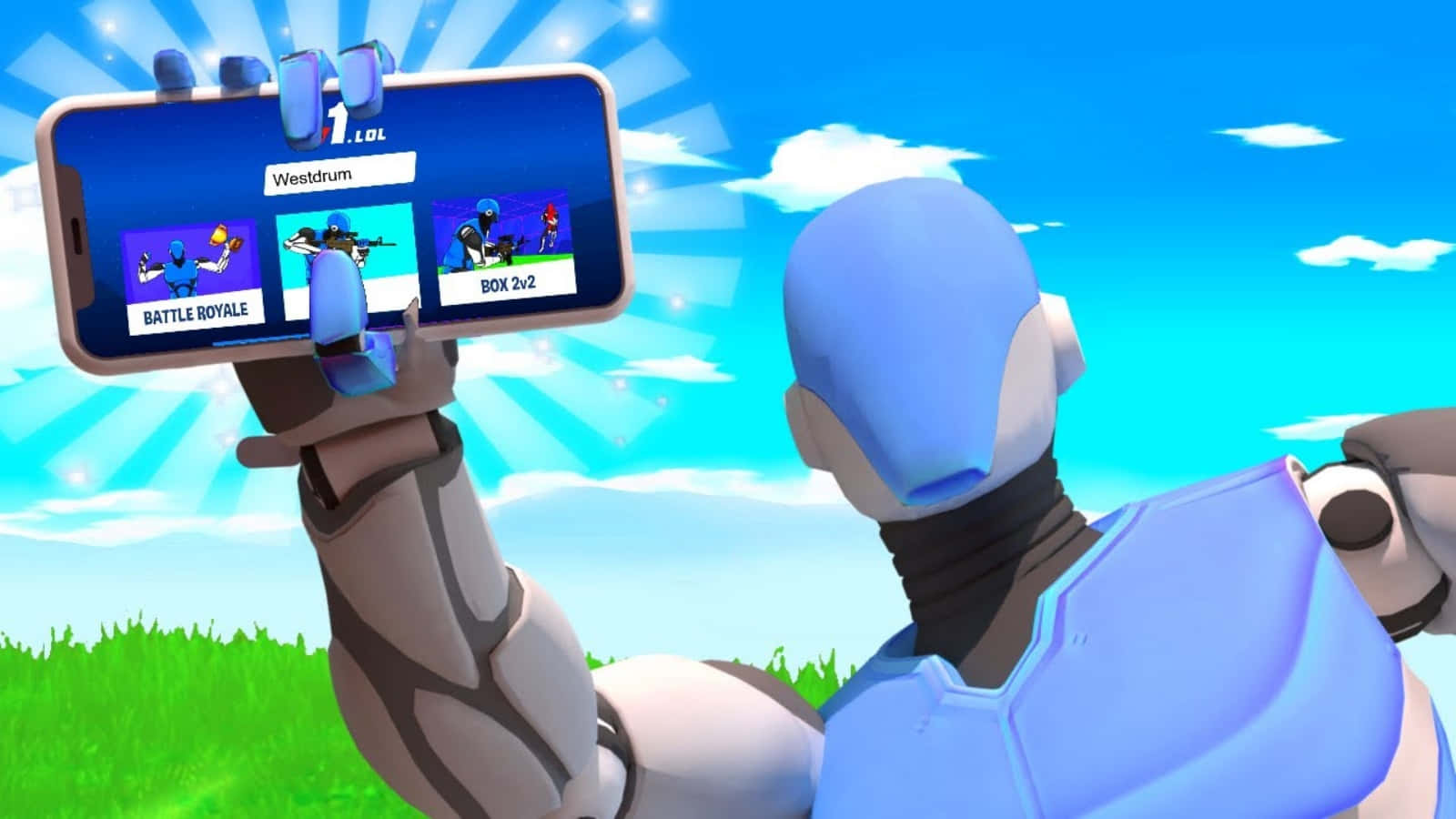 1v1lol, blue armored robot, smartphone, HD Desktop Wallpaper