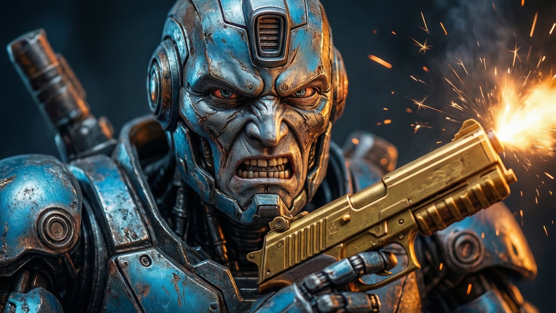 robot, golden gun, blue armored robot, Full HD Desktop Wallpaper