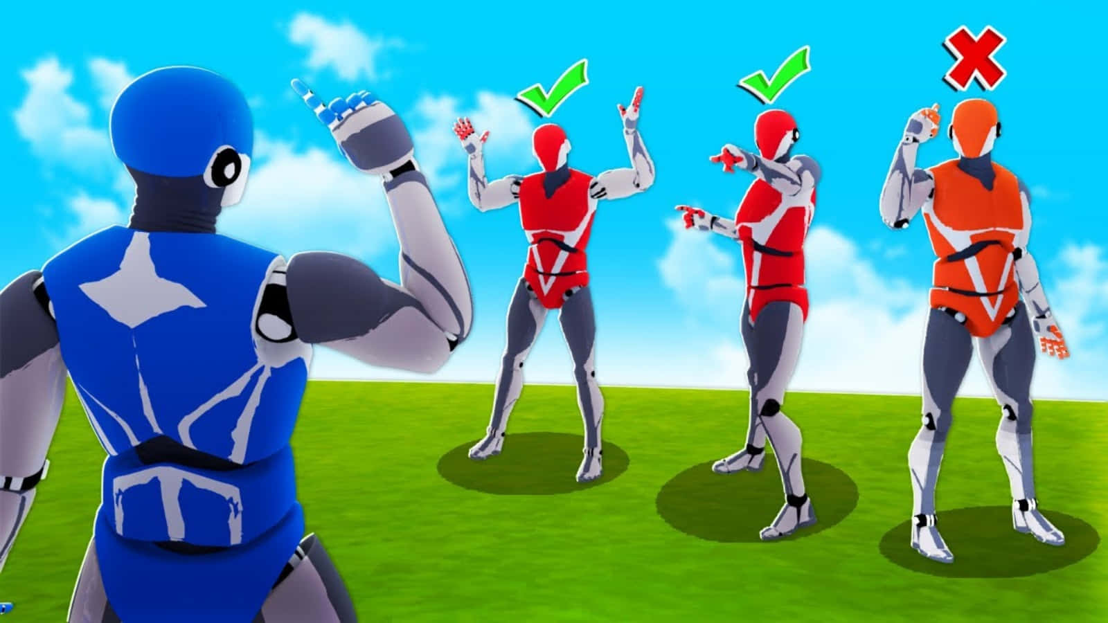 1v1lol, blue robot instructor, red robots, HD Desktop Wallpaper