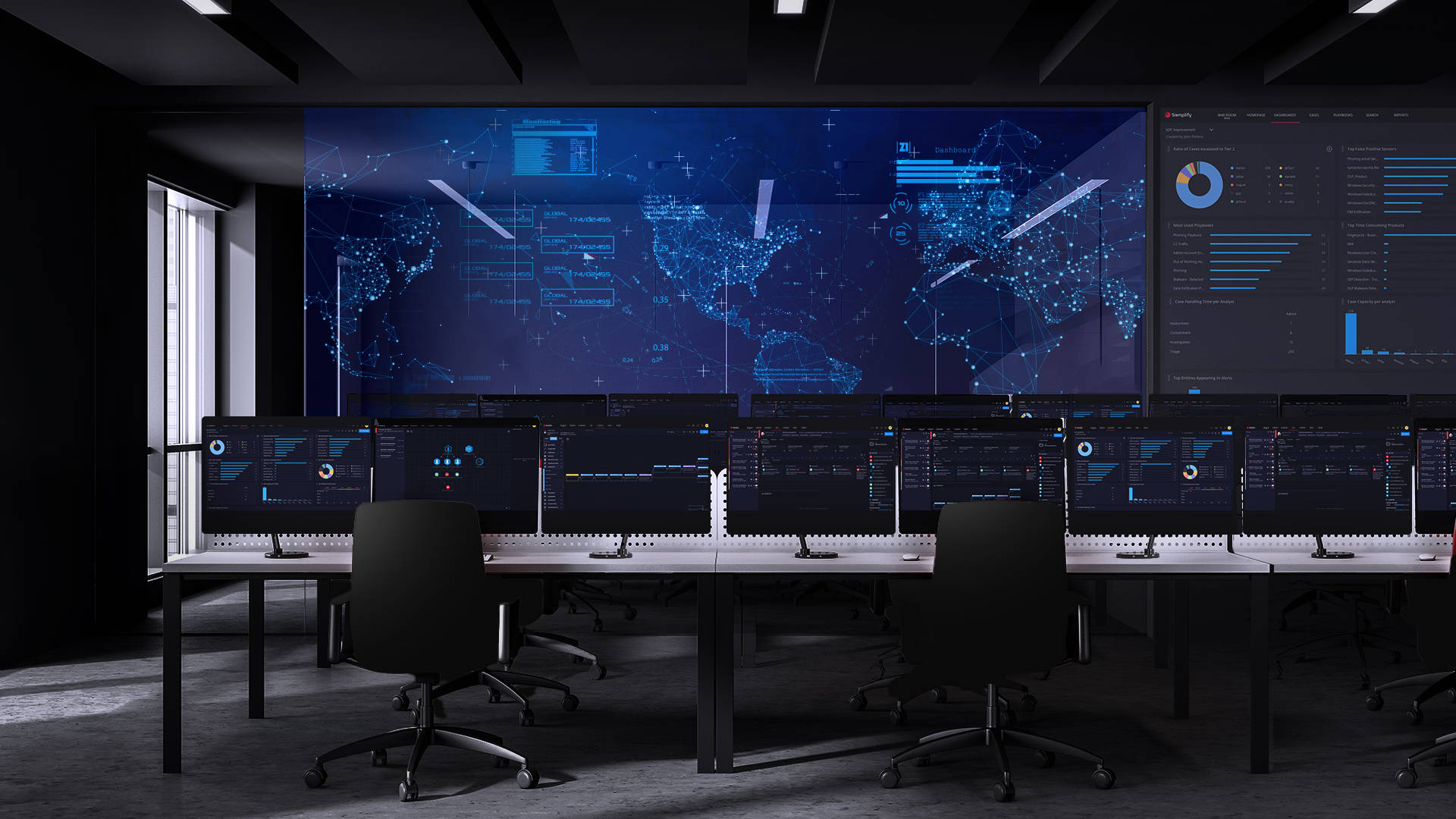 futuristic office, dark control room, multiple monitors, Full HD Desktop Wallpaper