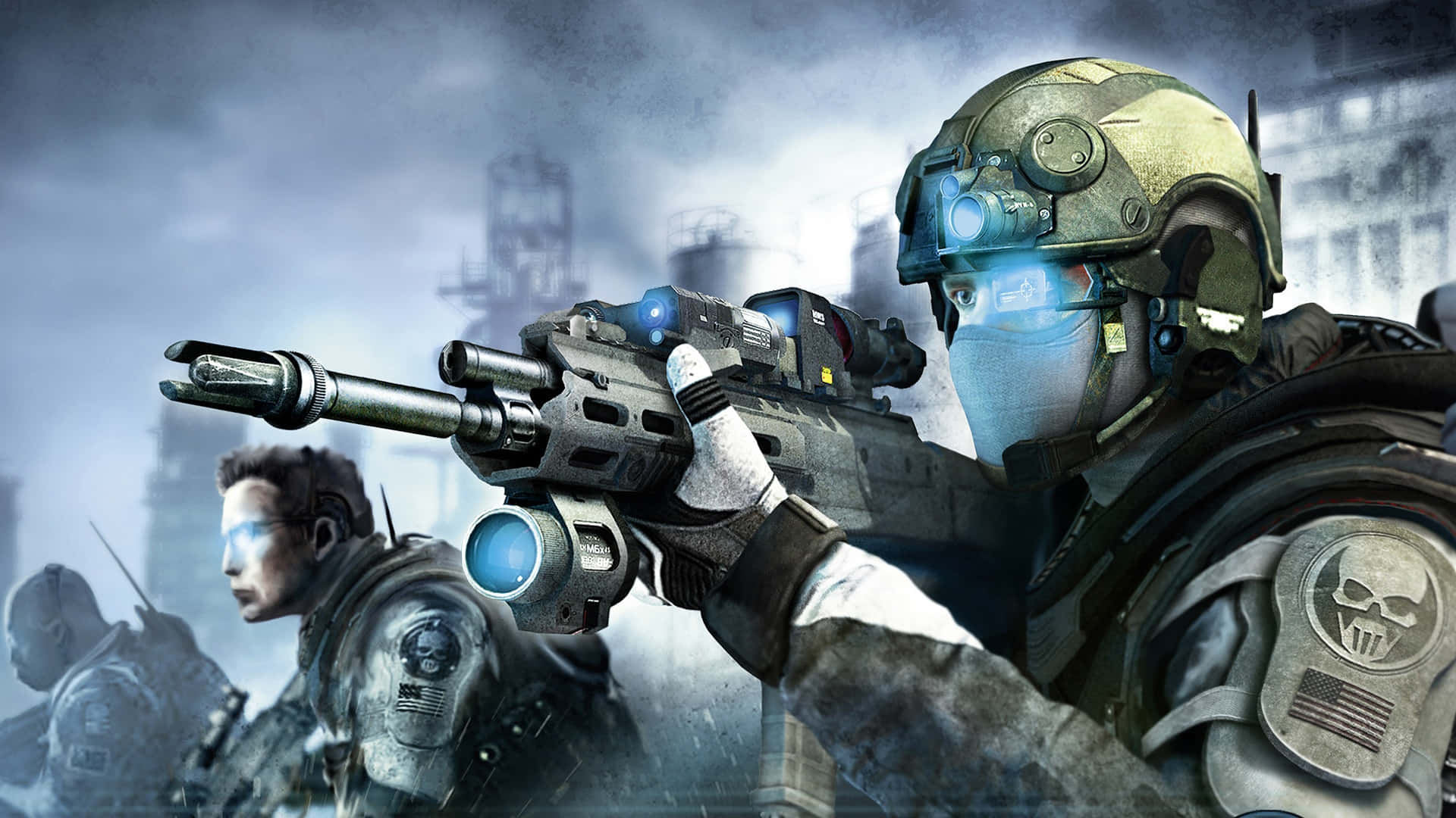 futuristic armor, glowing blue optics, smoky urban battlefield, Full HD Desktop Wallpaper