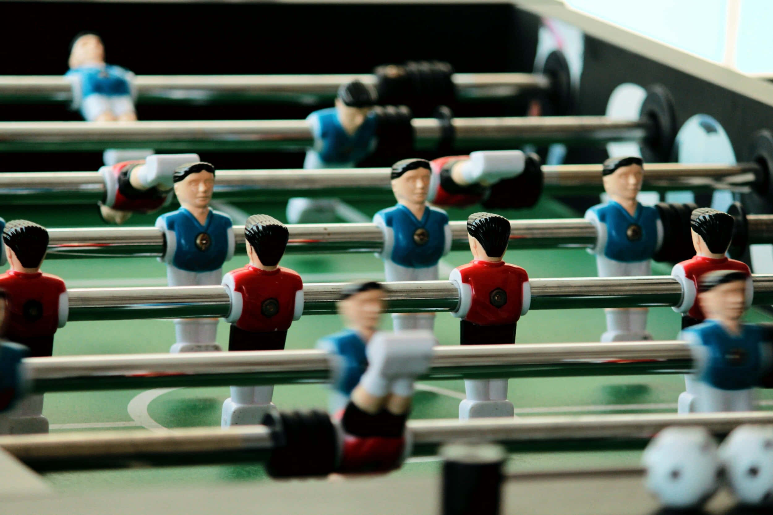 foosball table, red and blue uniforms, green table, Full HD Desktop Wallpaper