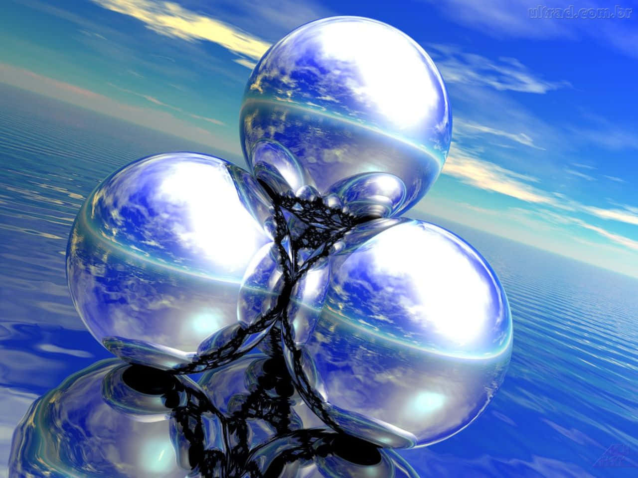 cyber Y2K aesthetic, shiny chrome spheres, vibrant blue sky, HD Desktop Wallpaper