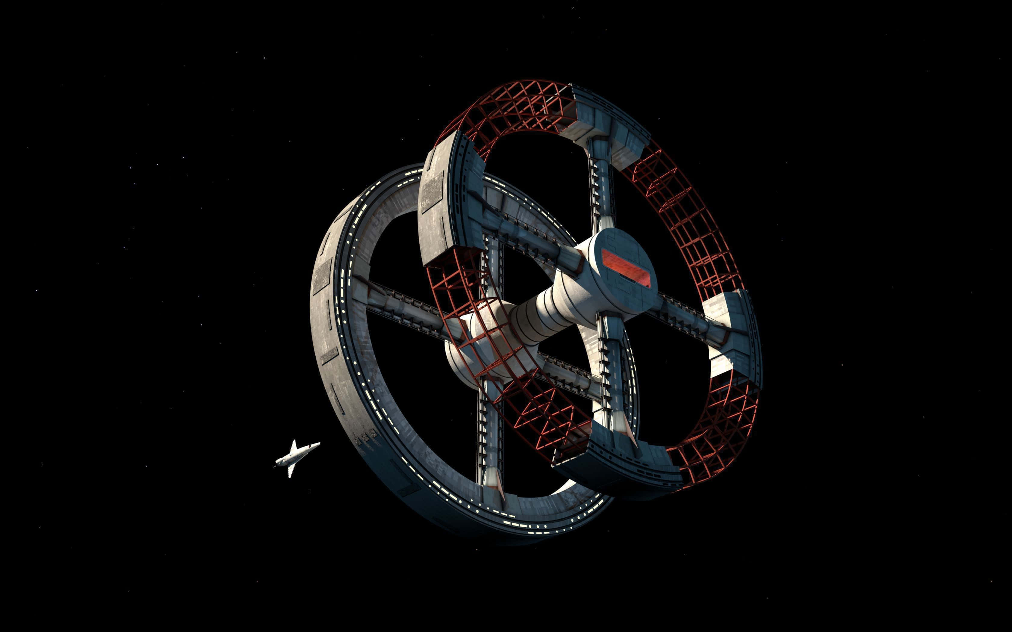 2001: A Space Odyssey, ring-shaped space station, red structural beams, 2K Desktop Wallpaper