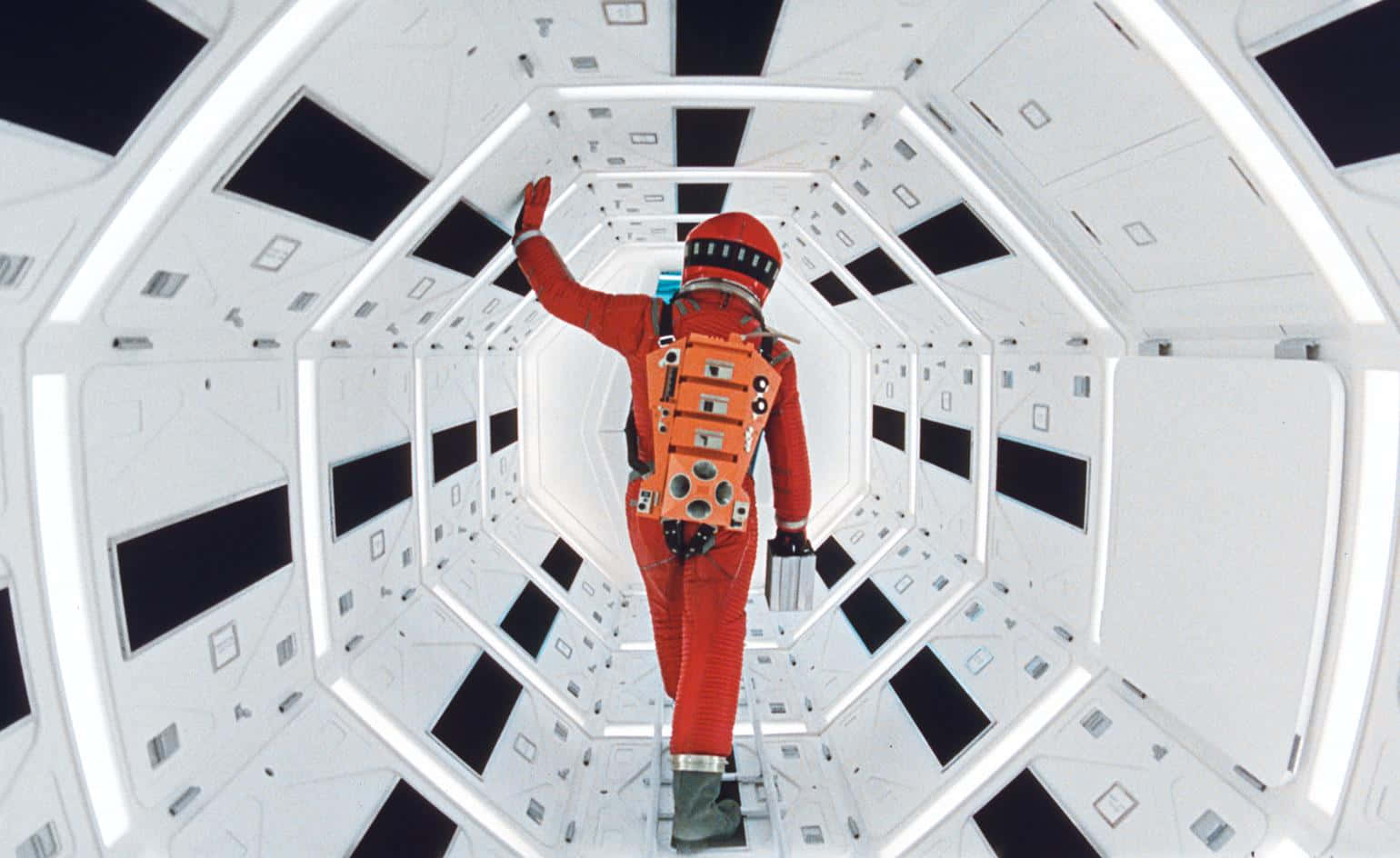 2001 A Space Odyssey, bright orange suit, white hexagonal spaceship corridor, HD Desktop Wallpaper