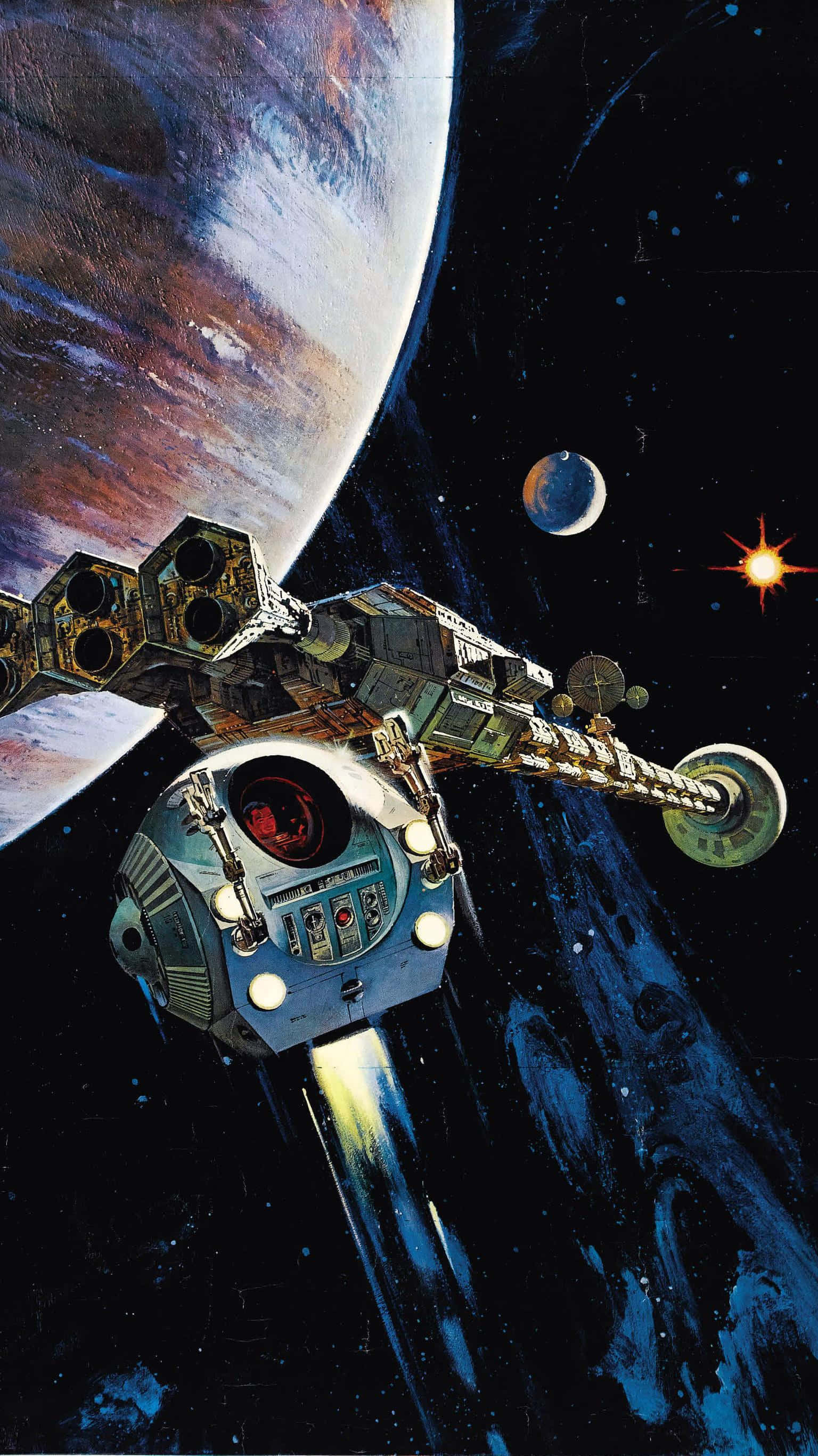 2001 A Space Odyssey, retro-futuristic spaceship, glowing engines, 2K Phone Wallpaper