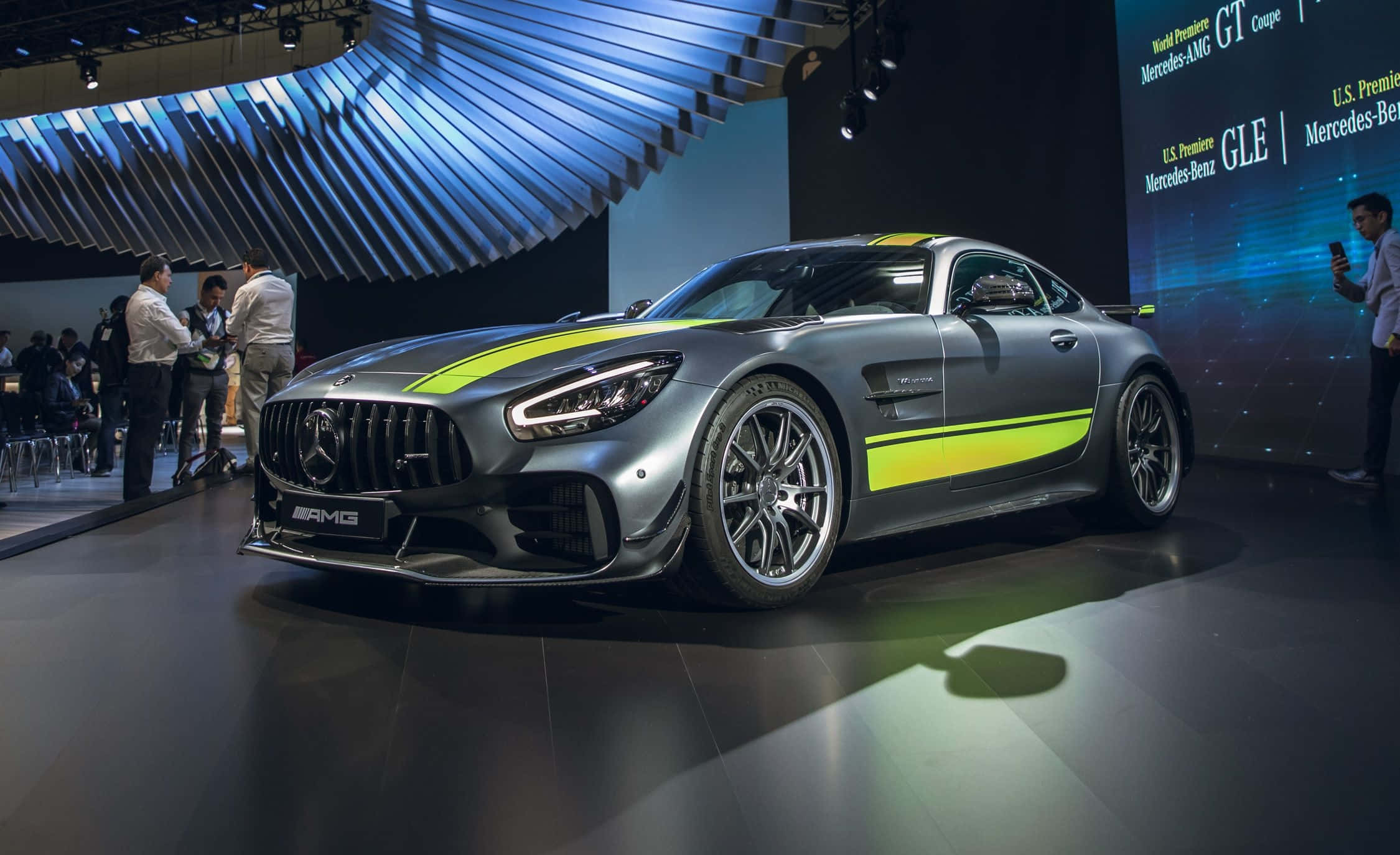 2020 Mercedes-AMG GT R Pro, silver, neon green racing stripes, Full HD Desktop Wallpaper