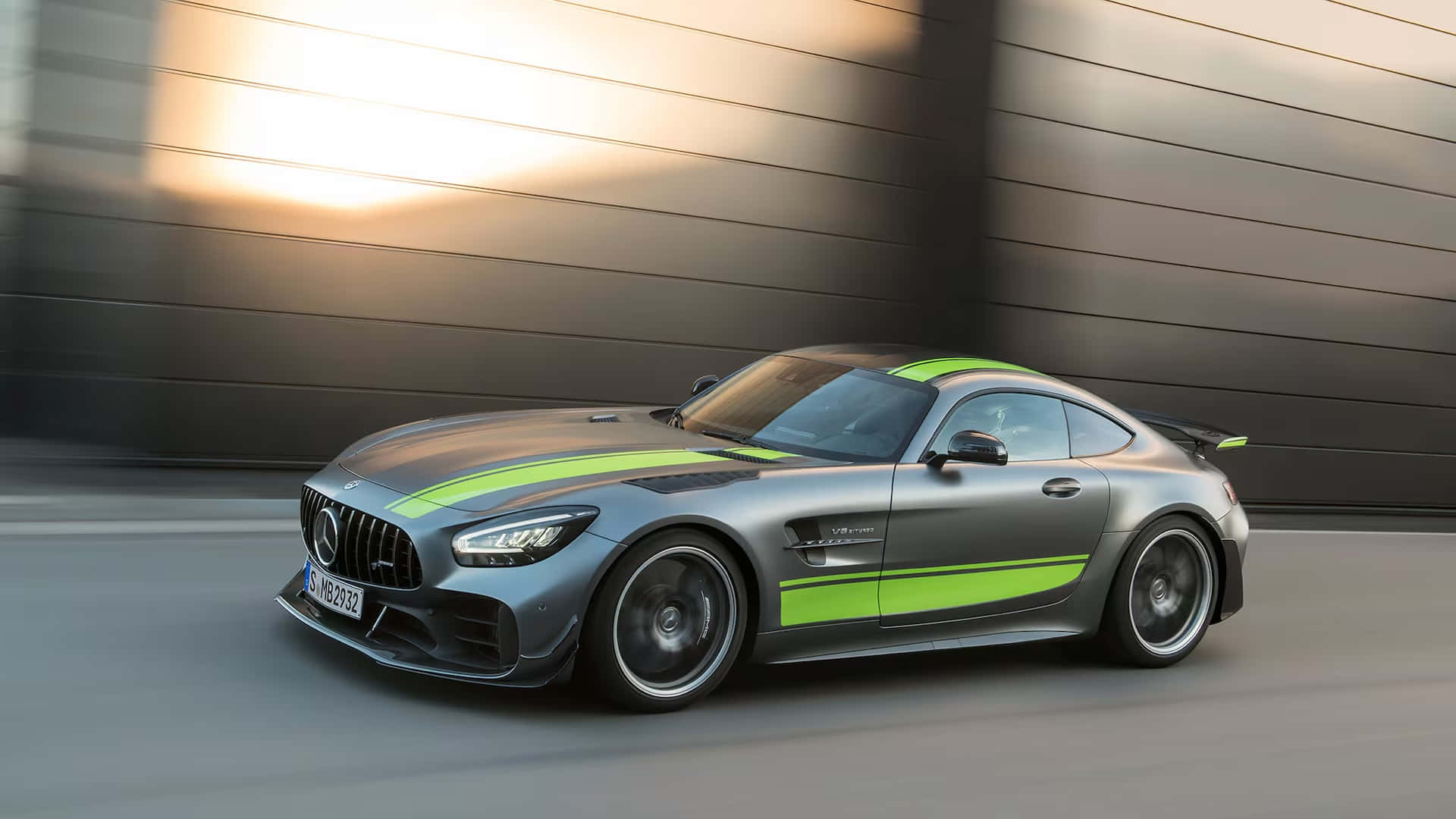 2020 Mercedes AMG GT R Pro, silver, neon green stripes, Full HD Desktop Wallpaper