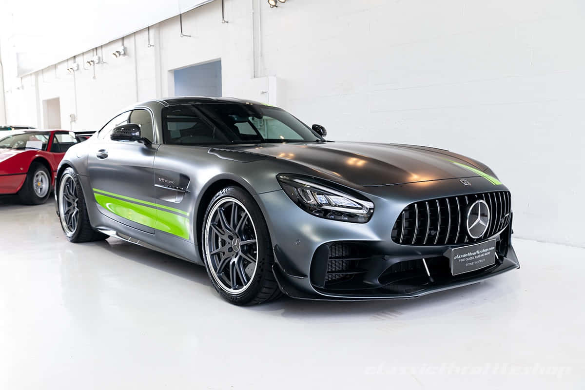 2020 Mercedes AMG GT R Pro, matte gray, vibrant green racing stripes, SD Desktop Wallpaper