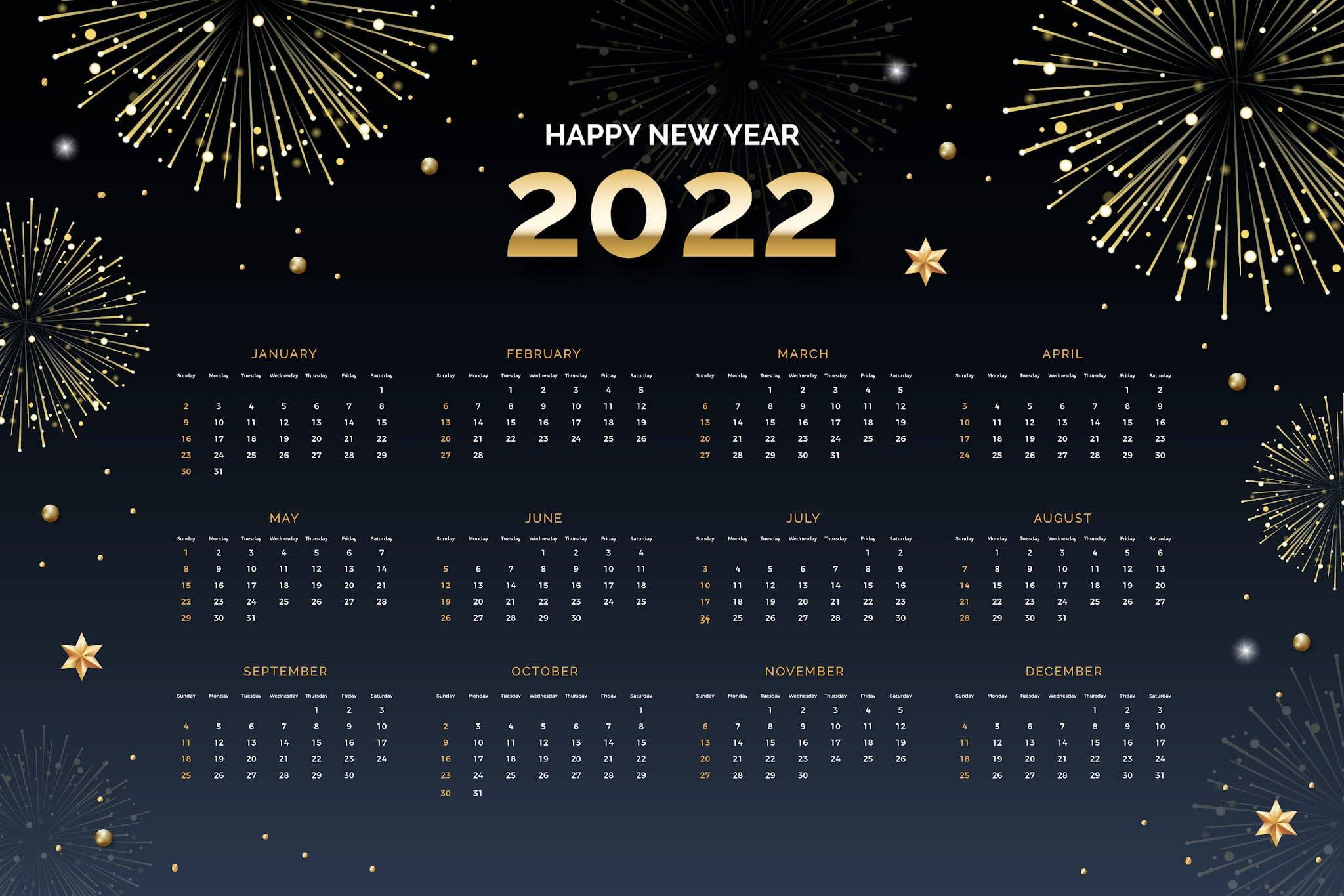 2022 Calendar, gold fireworks, stars, Full HD Desktop Wallpaper