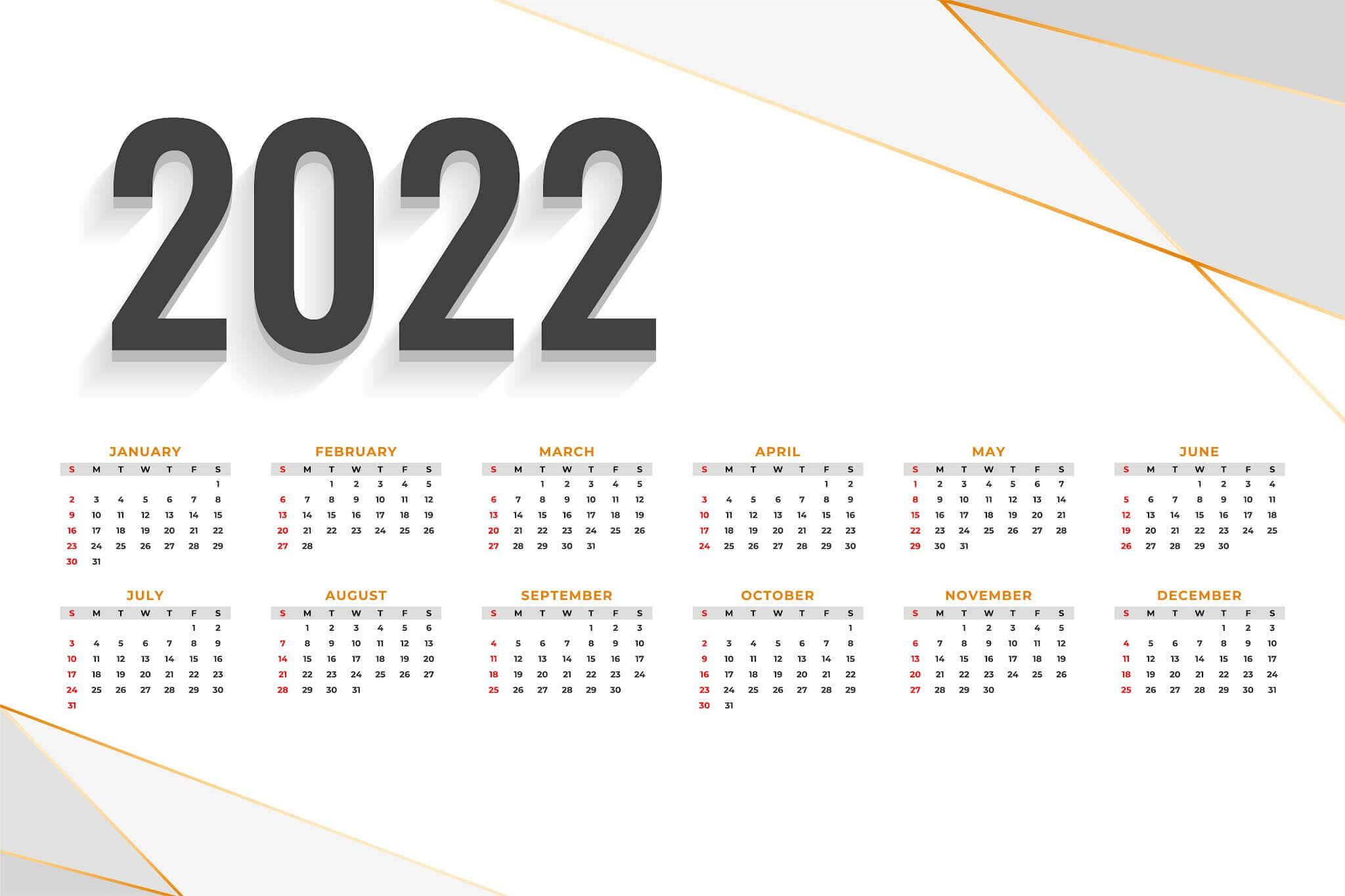 2022 Calendar, white background, black numerals, Full HD Desktop Wallpaper