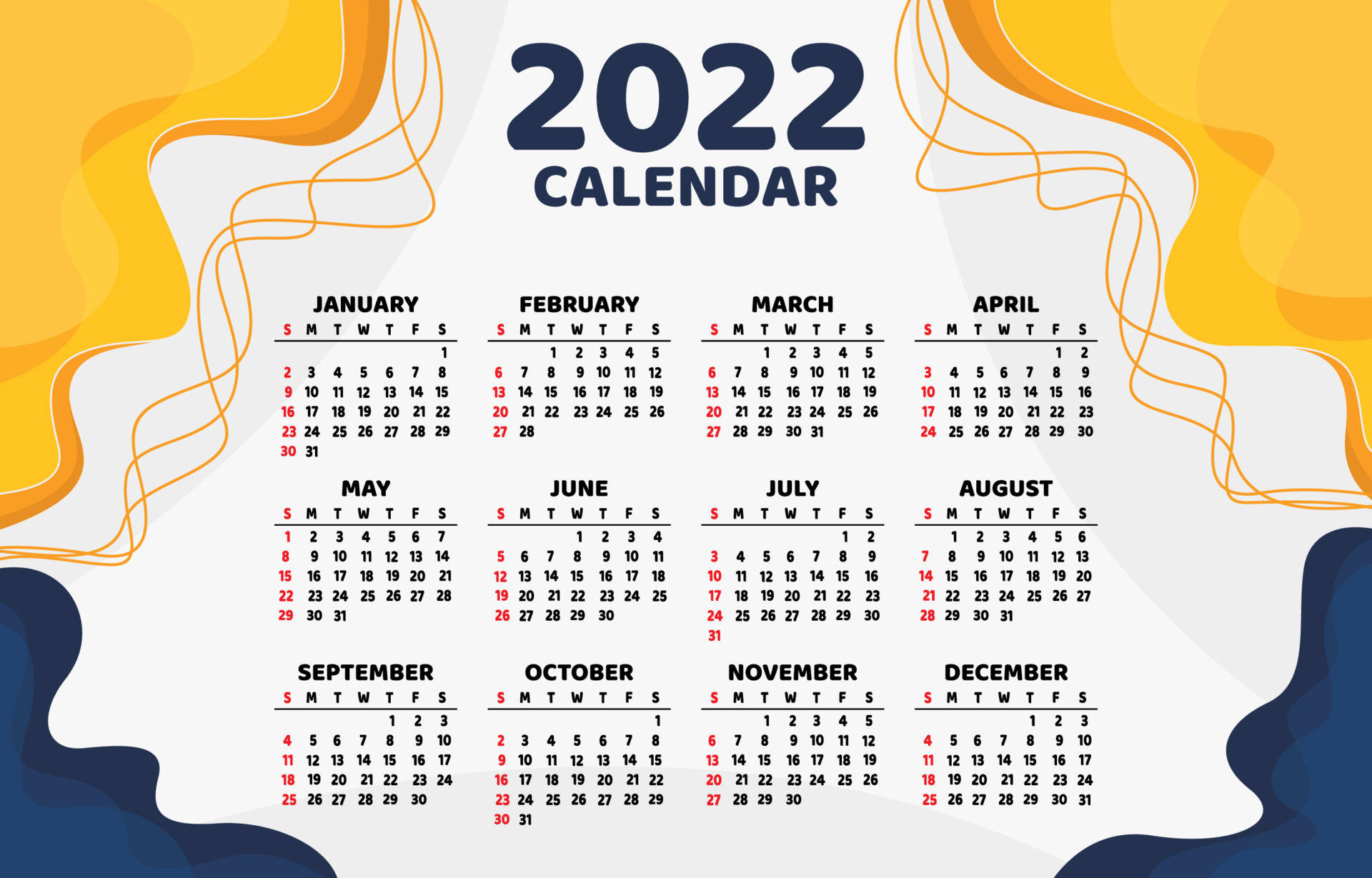 2022 Calendar, white background, flowing yellow and blue abstract waves, Full HD Desktop Wallpaper