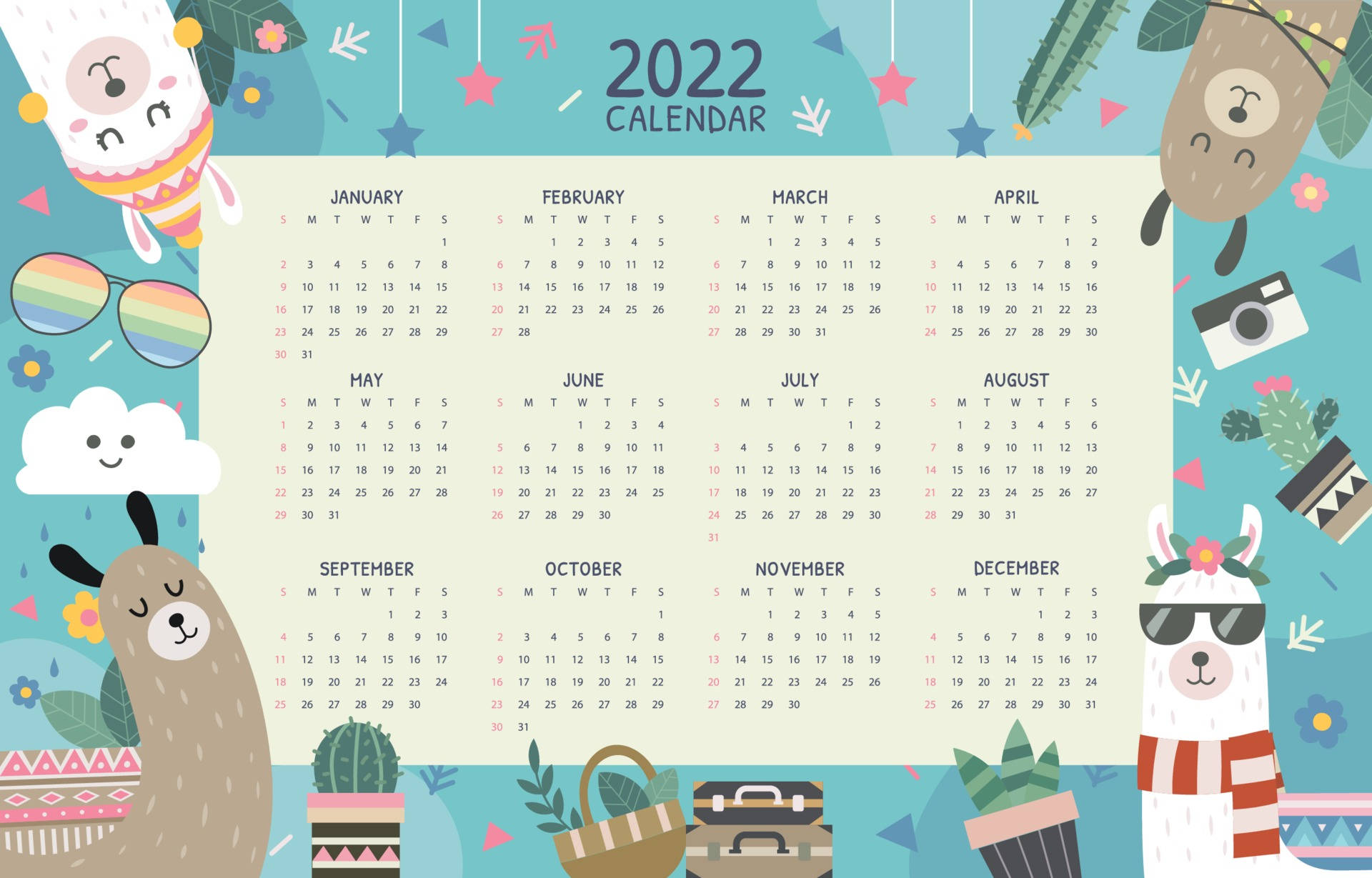 2022 Calendar, cartoon llamas, sunglasses, Full HD Desktop Wallpaper