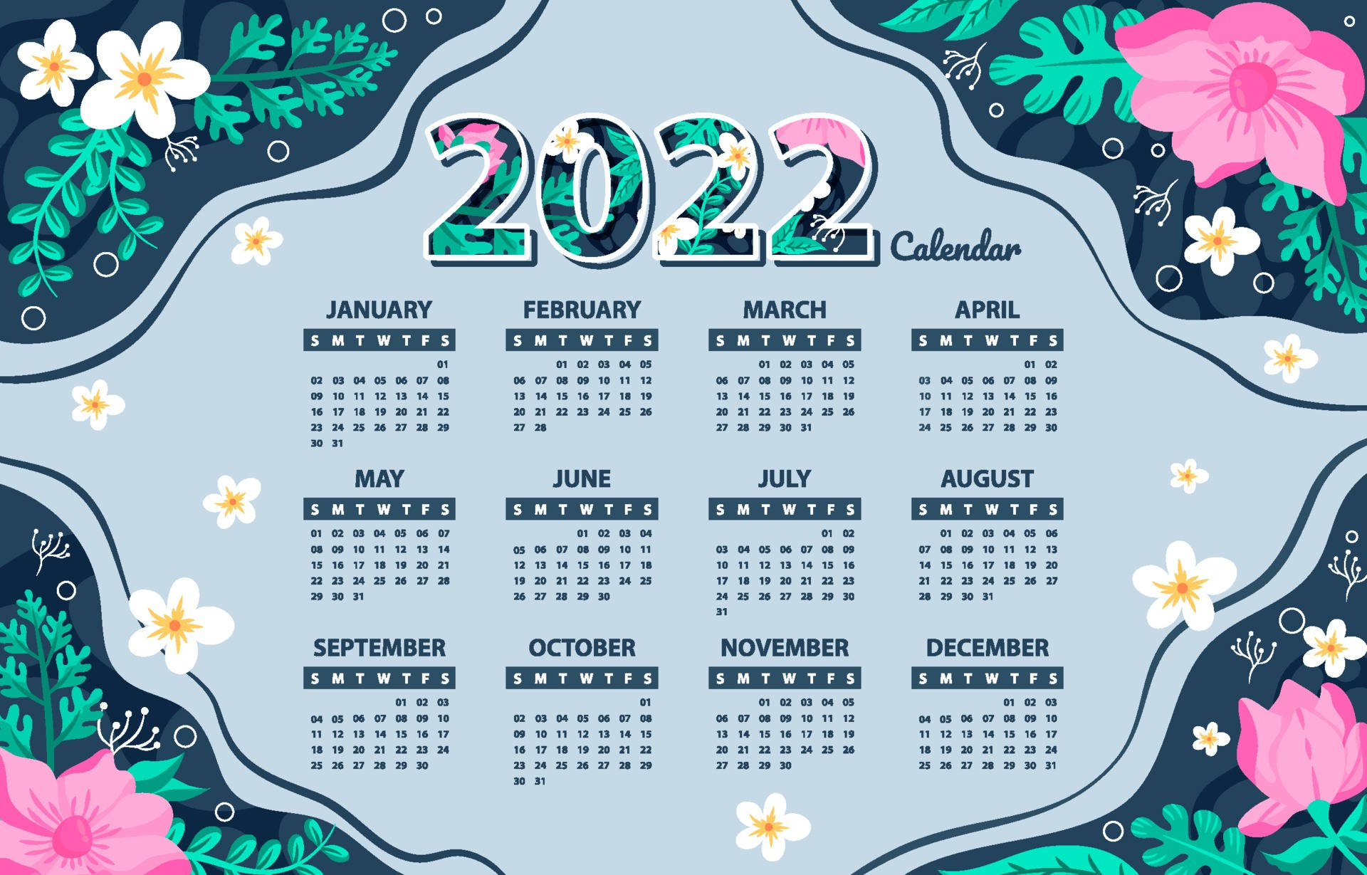 2022 Calendar, floral illustrations, pastel colors, Full HD Desktop Wallpaper