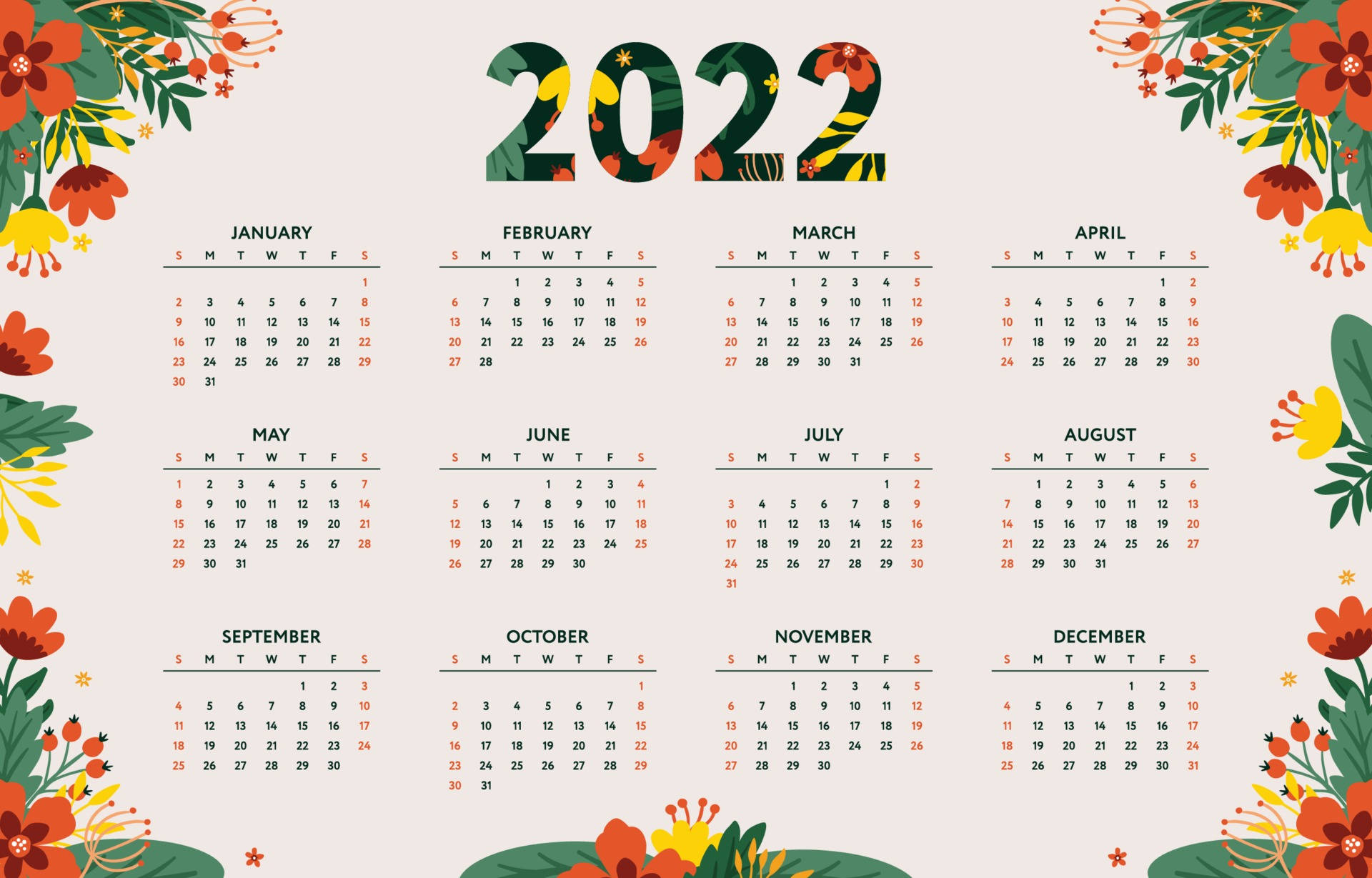 2022 Calendar, floral borders, colorful numbers, Full HD Desktop Wallpaper