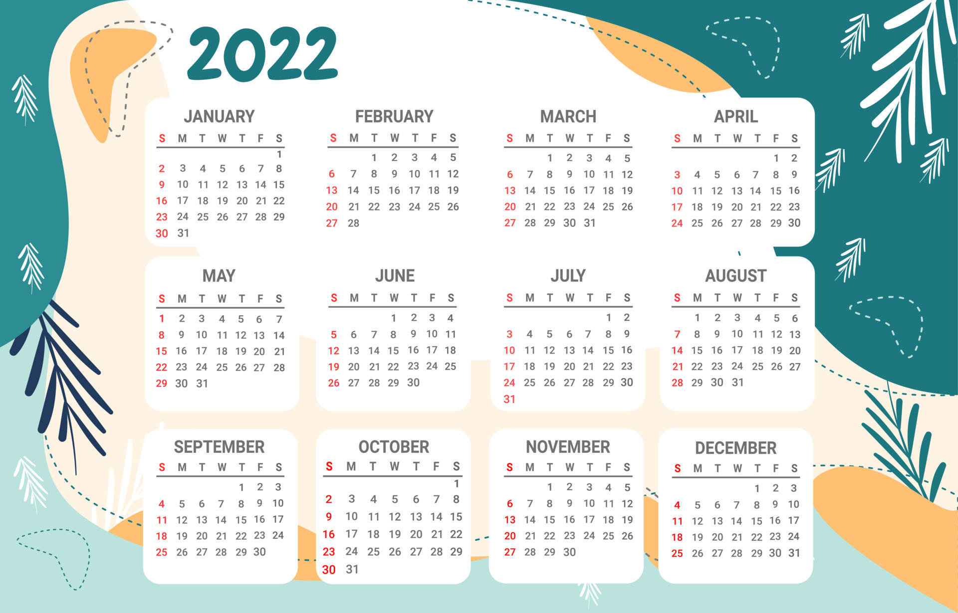 2022 Calendar, pastel backgrounds, leafy doodles, Full HD Desktop Wallpaper