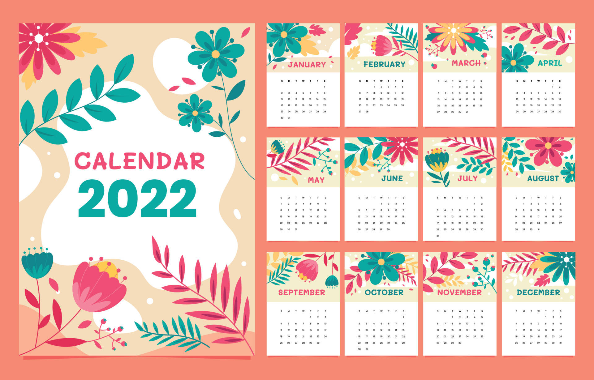 Blossom 2022 Calendar, pink, teal, Full HD Desktop Wallpaper