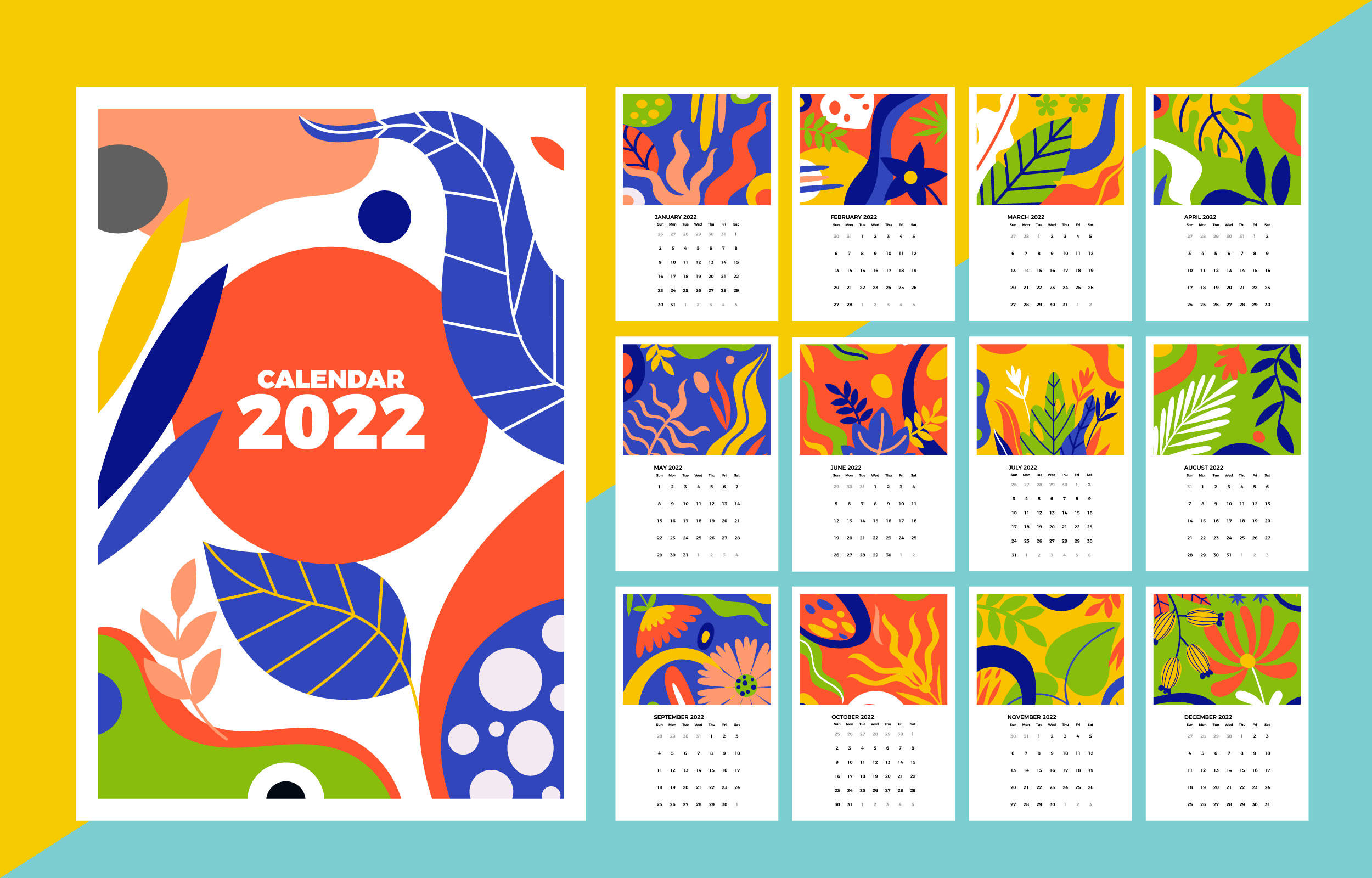 2022 Calendar, yellow, teal, Full HD Desktop Wallpaper
