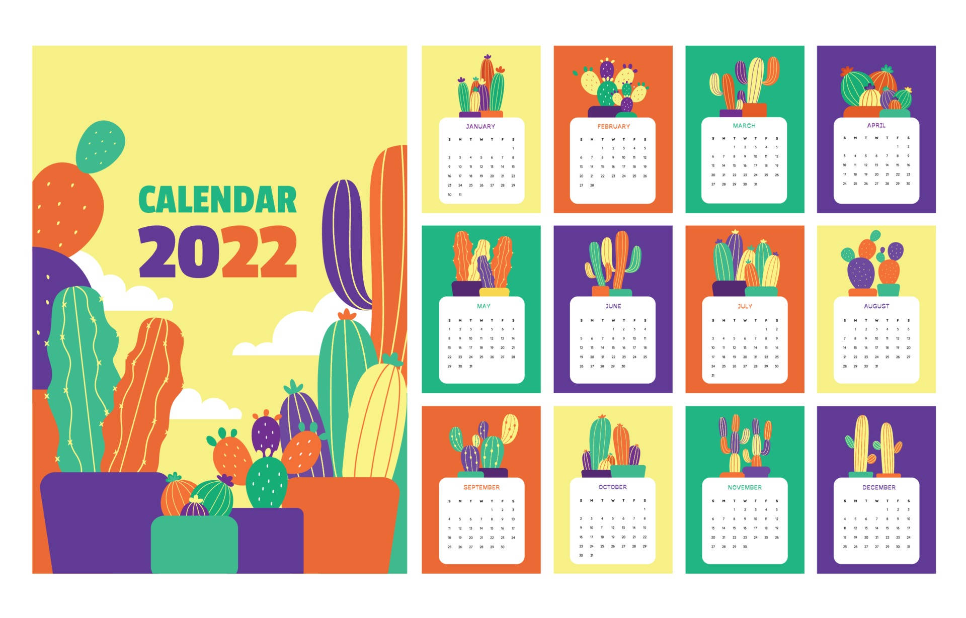 Cute Cactus 2022 Calendar, colorful cartoon cacti, sunny yellow sky, Full HD Desktop Wallpaper