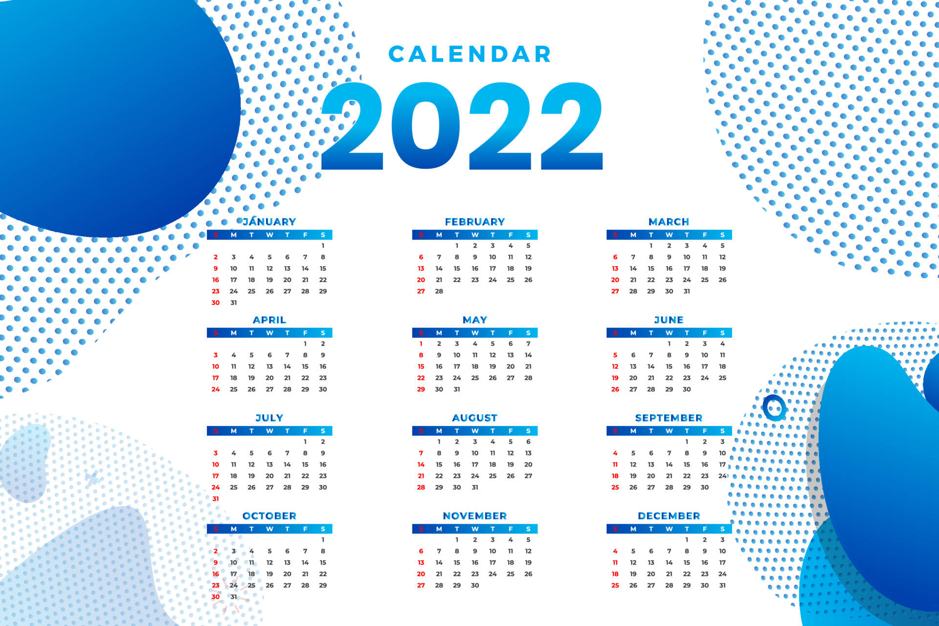 2022 Calendar, blue, abstract shapes, Full HD Desktop Wallpaper