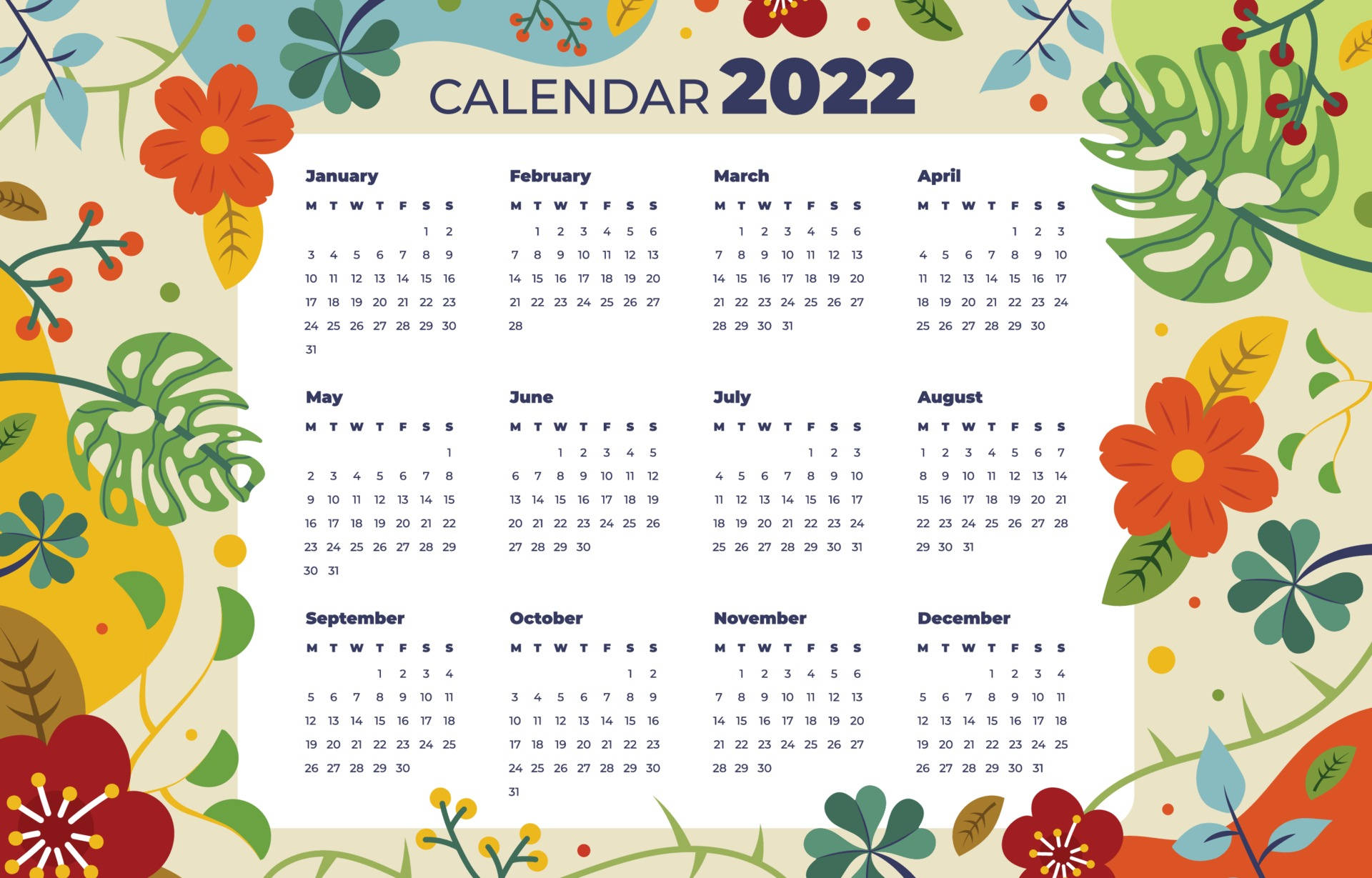 2022 Calendar, tropical flowers, leaves, Full HD Desktop Wallpaper