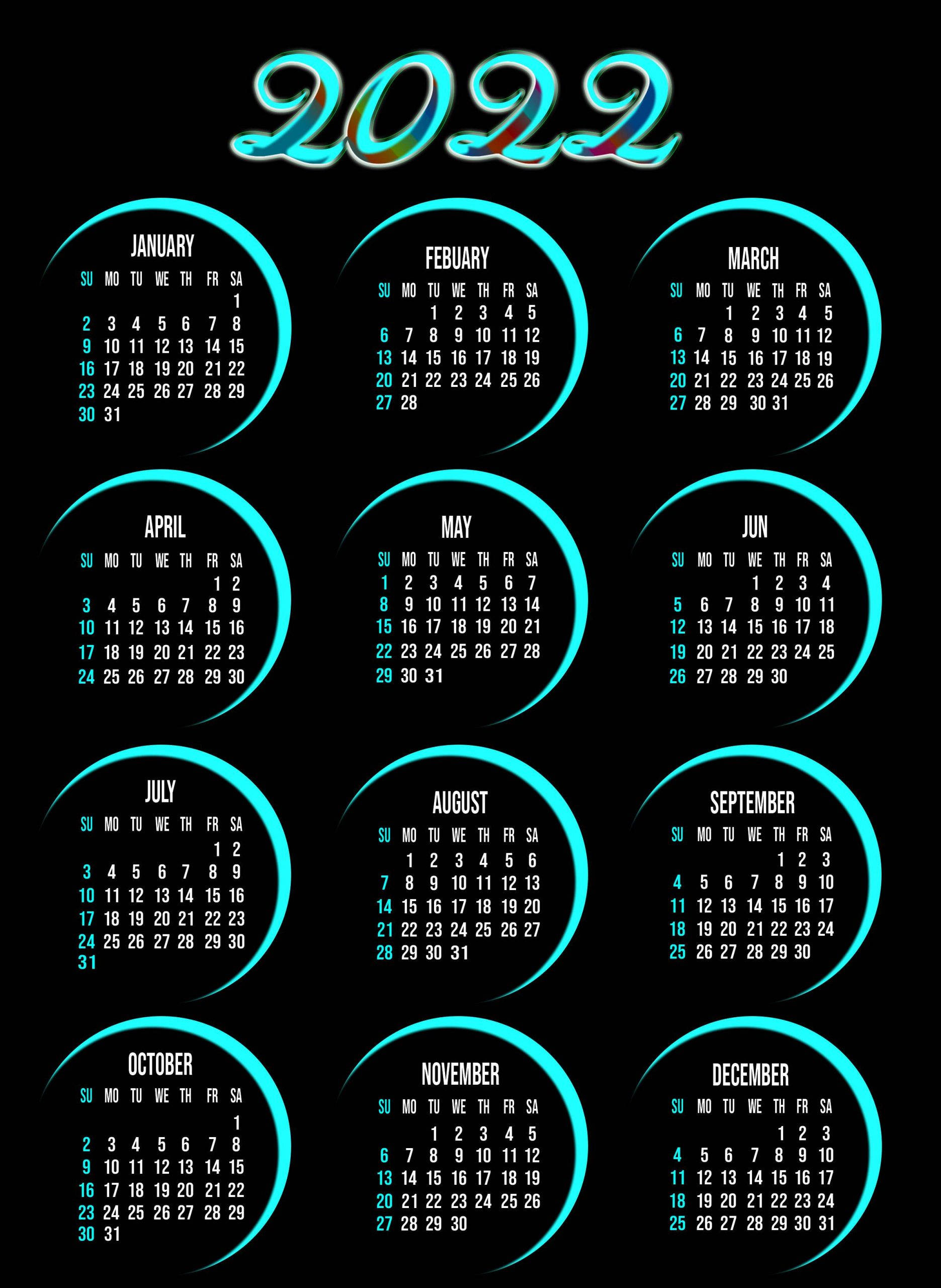 neon blue, 2022 calendar, circular monthly grids, 2K Phone Wallpaper