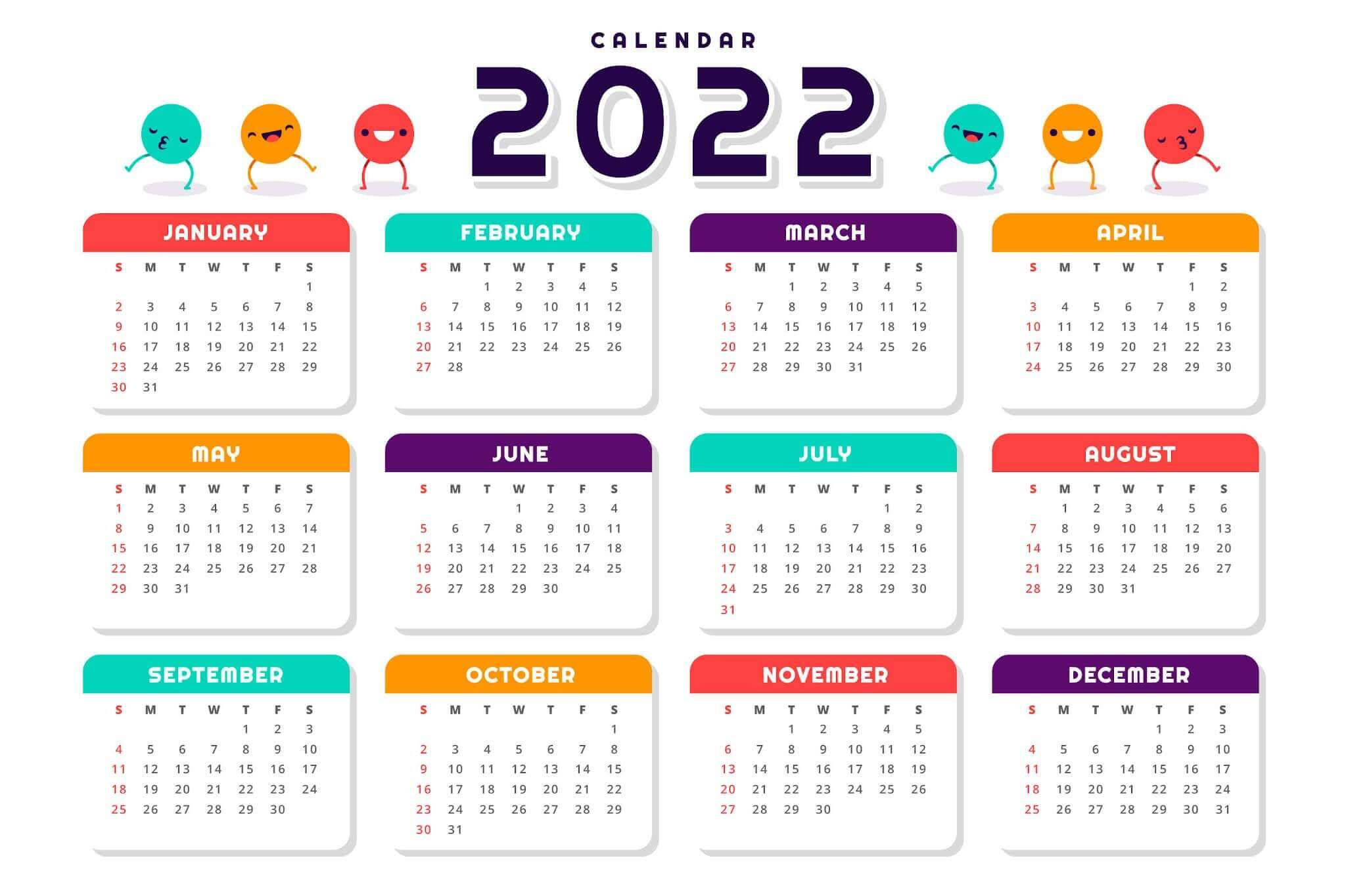 2022 Calendar, colorful cartoon faces, each month's grid layout, Full HD Desktop Wallpaper