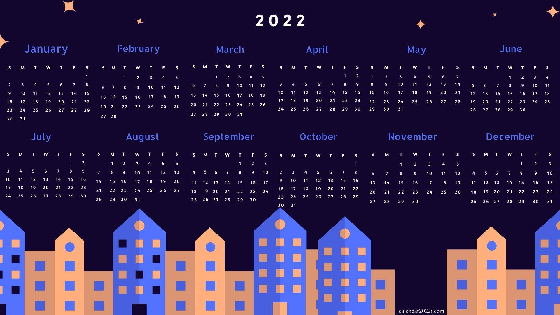 2022 Calendar, blue, orange, Full HD Desktop Wallpaper