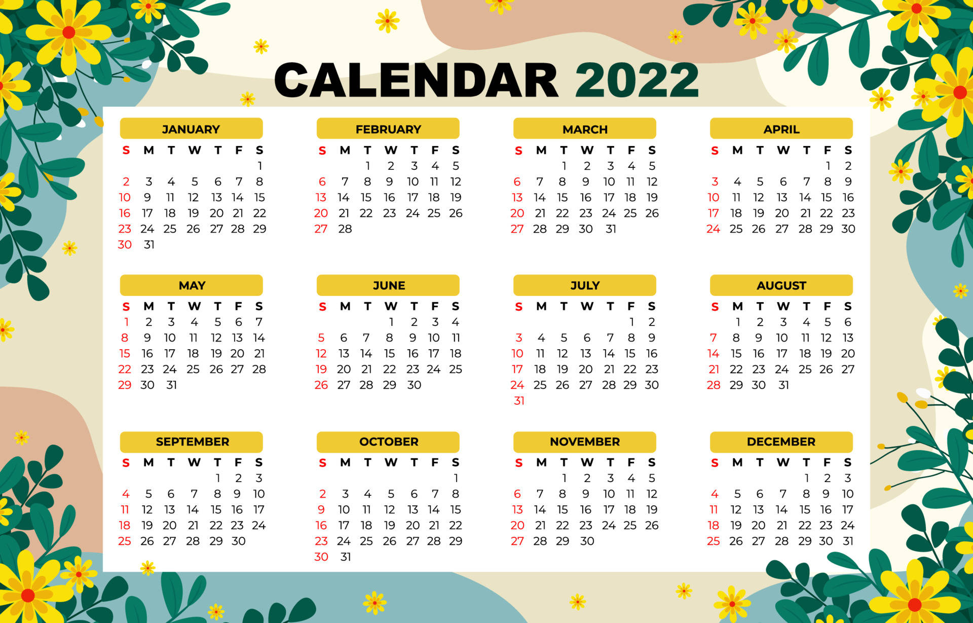 2022 Calendar, daffodil flower, yellow flowers, Full HD Desktop Wallpaper