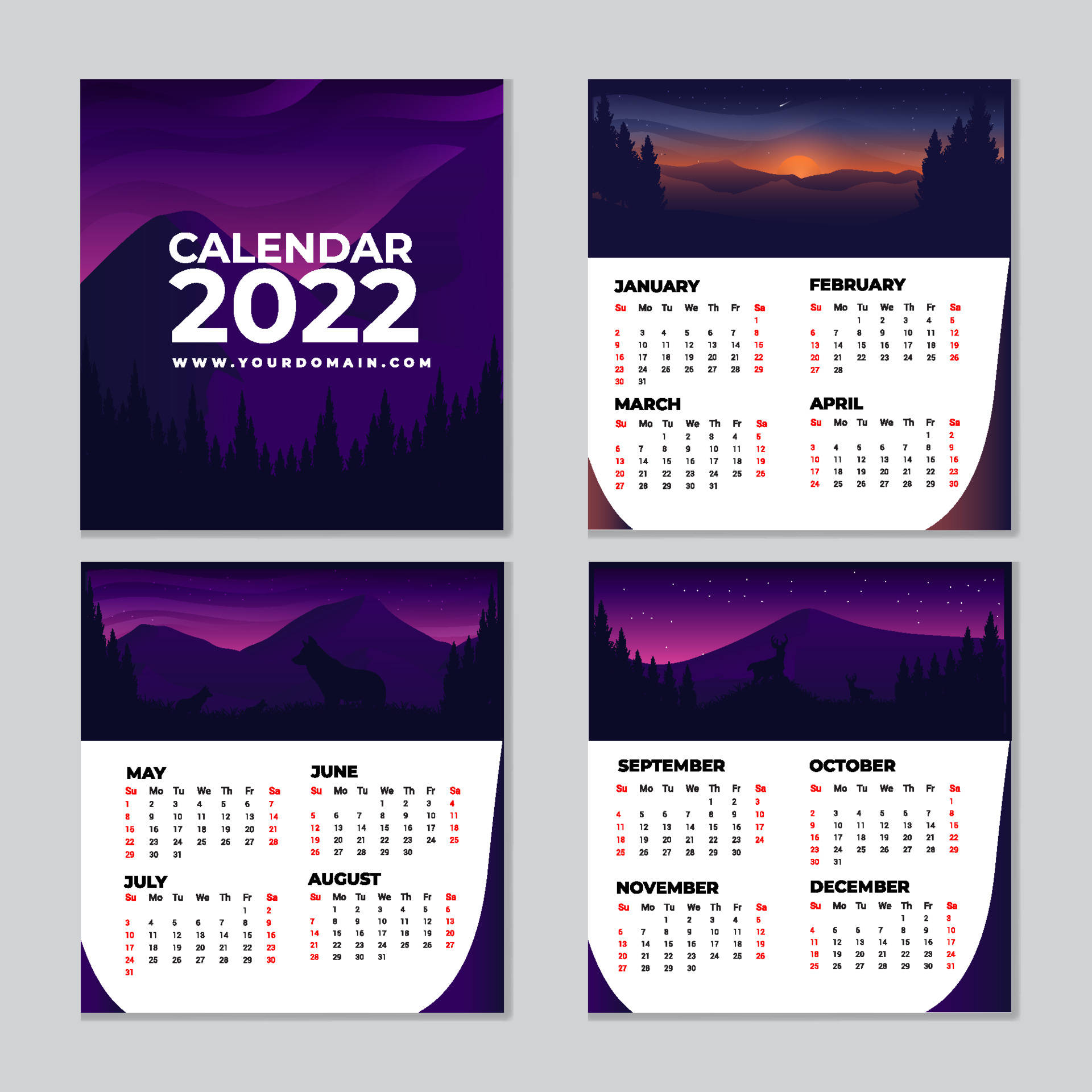 2022 Calendar, purple mountain silhouettes, red dates, Full HD Desktop Wallpaper