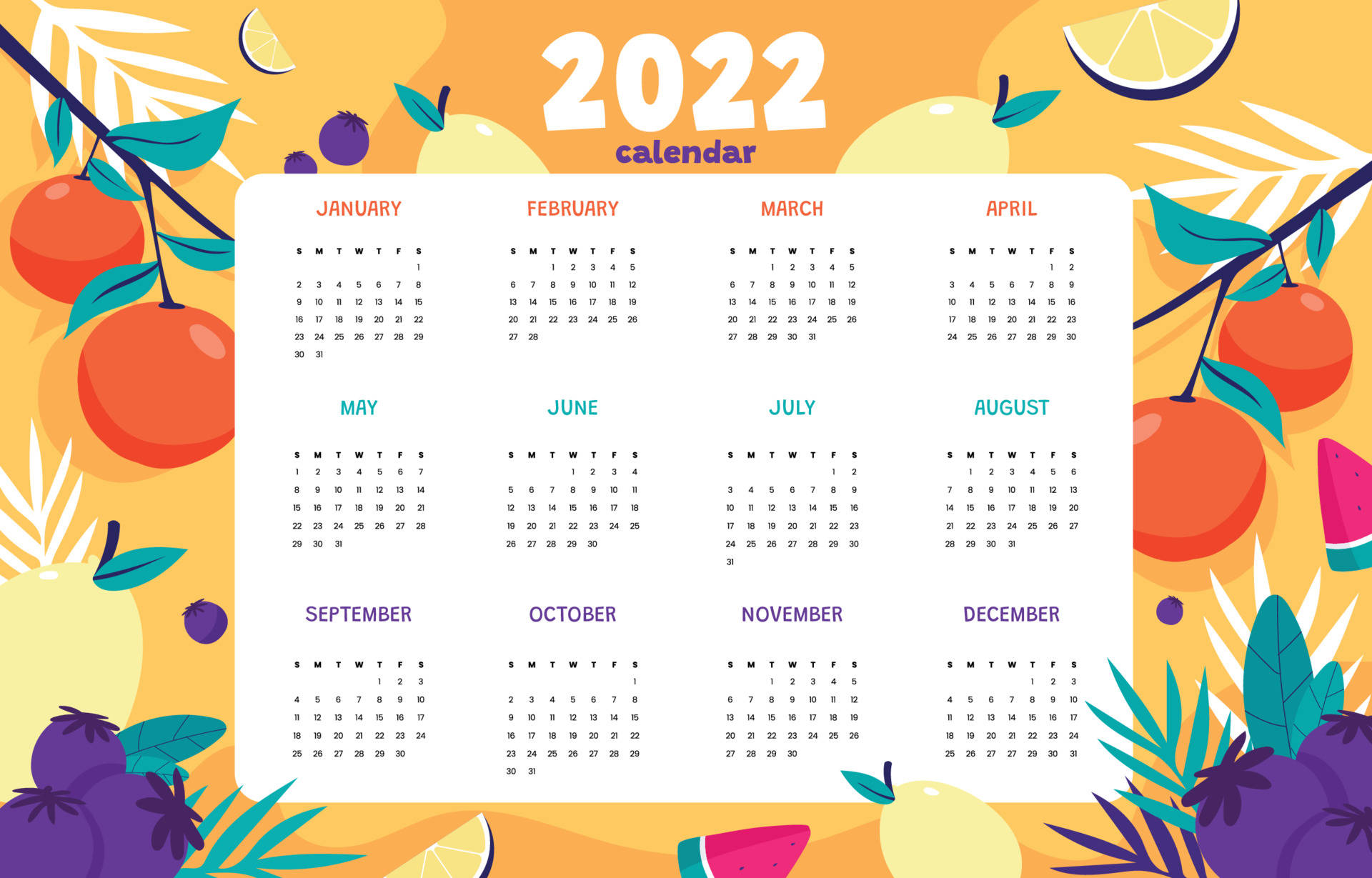 2022 Calendar, tropical fruits, leaves, Full HD Desktop Wallpaper