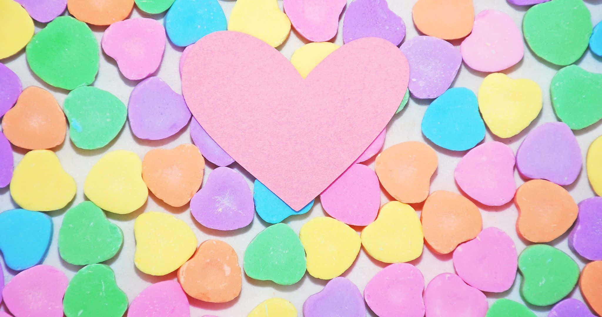 2048x1080, pink heart, multicolored heart-shaped confetti, Full HD Desktop Wallpaper
