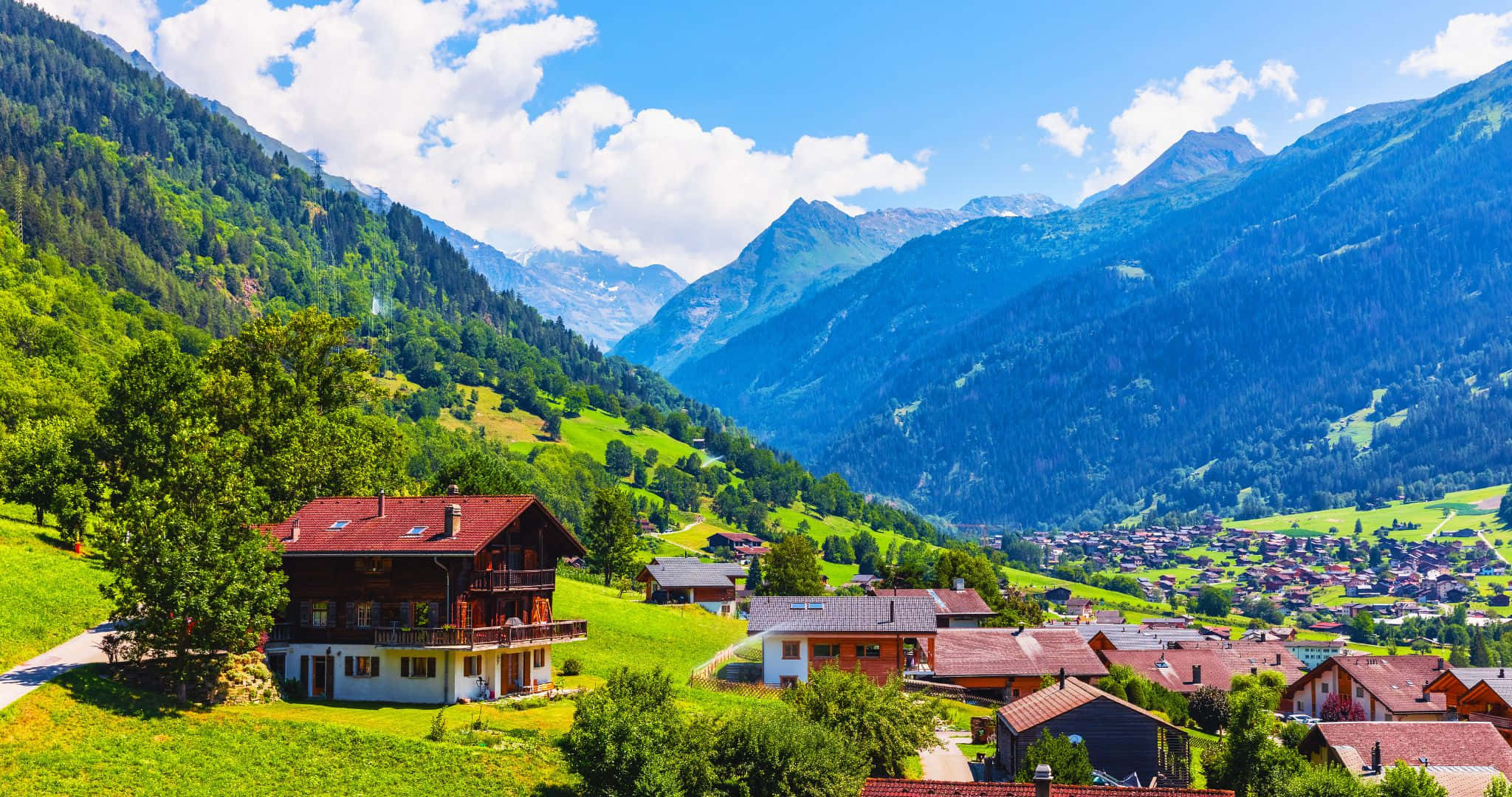 2048x1080, alpine village, lush green valley, Full HD Desktop Wallpaper