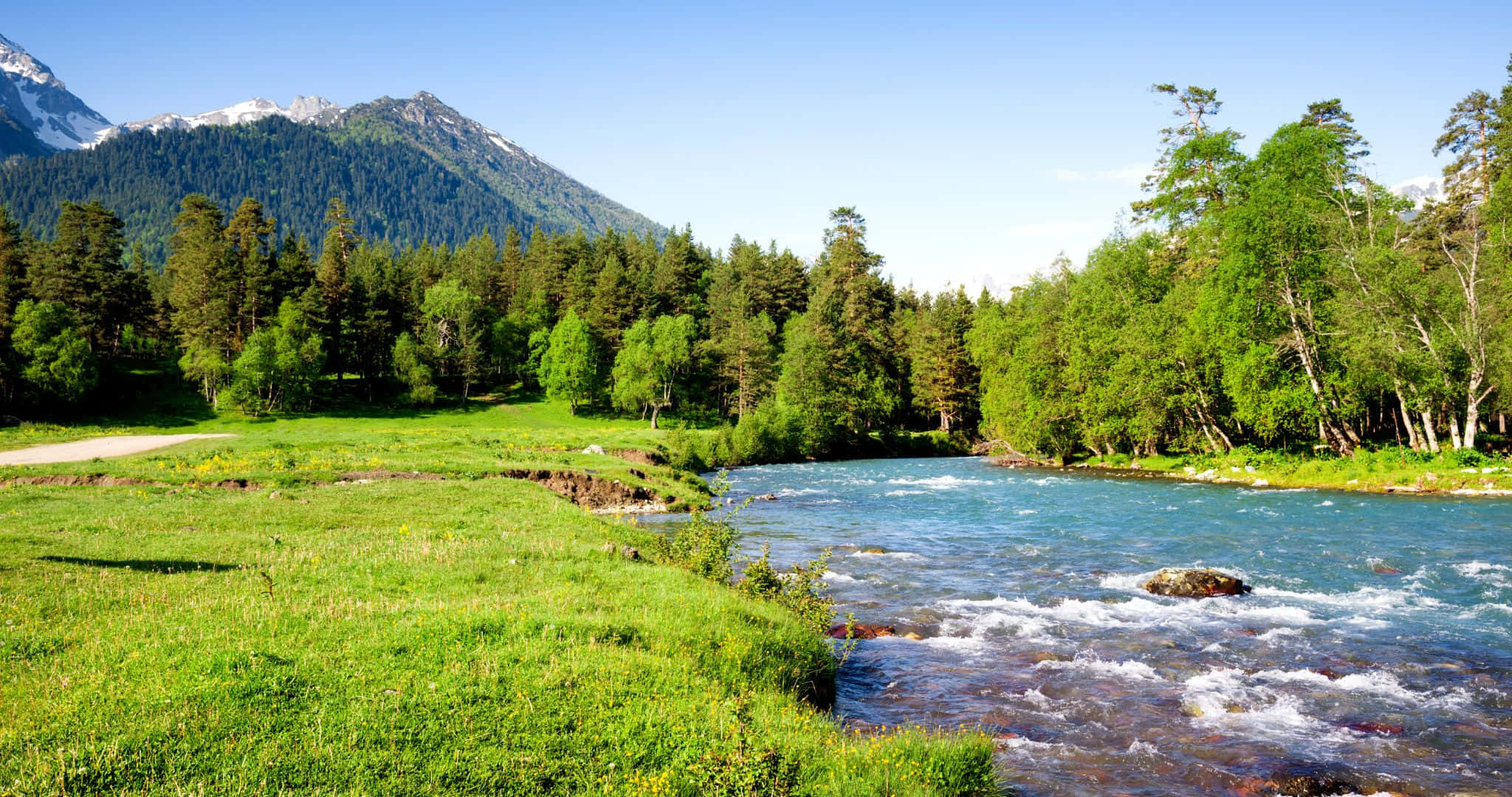 2048x1080, vibrant river, lush green meadow, Full HD Desktop Wallpaper