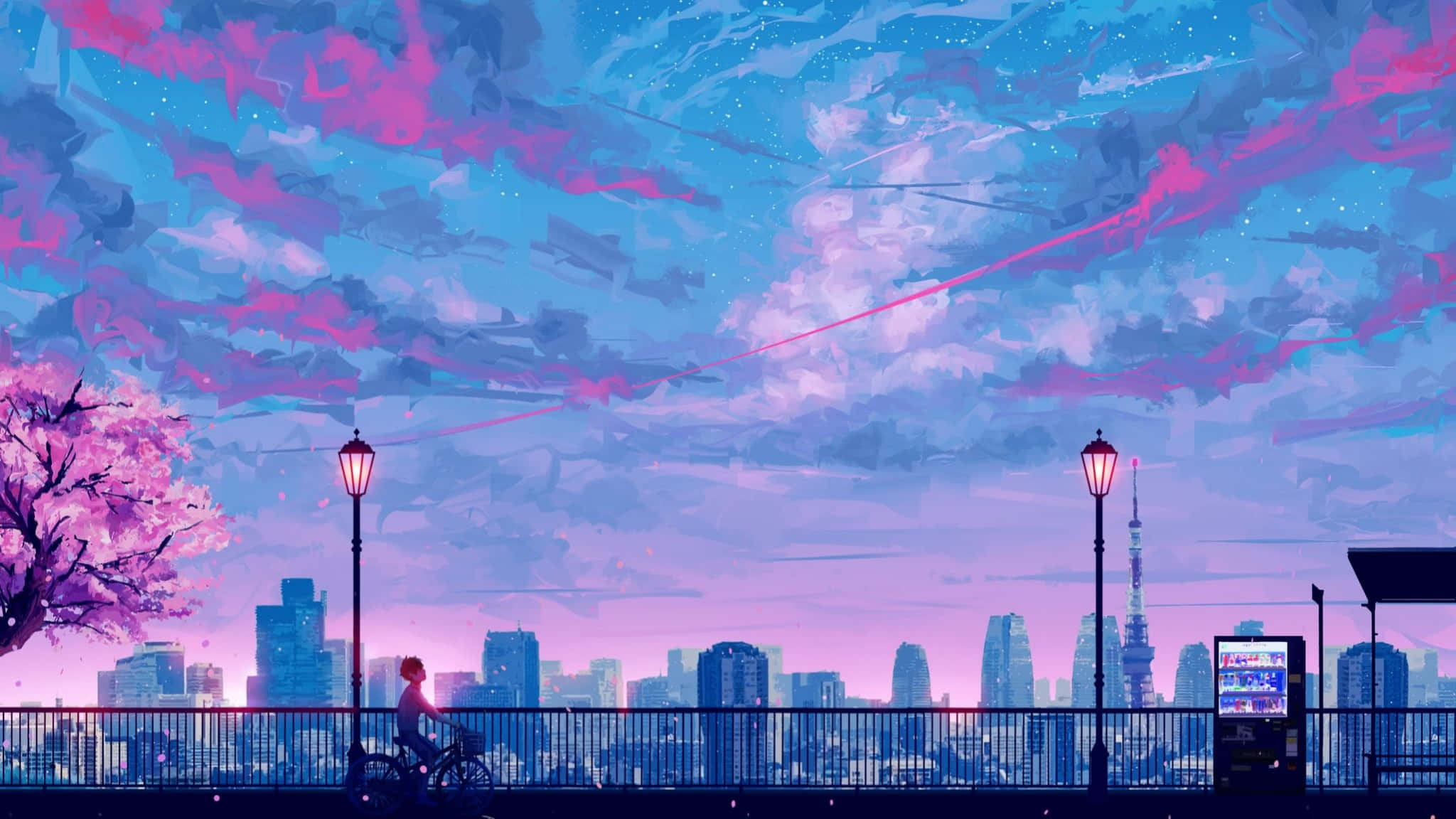 2048x1152 Aesthetic, blue and pink anime city, vibrant pink and blue twilight sky, Full HD Desktop Wallpaper