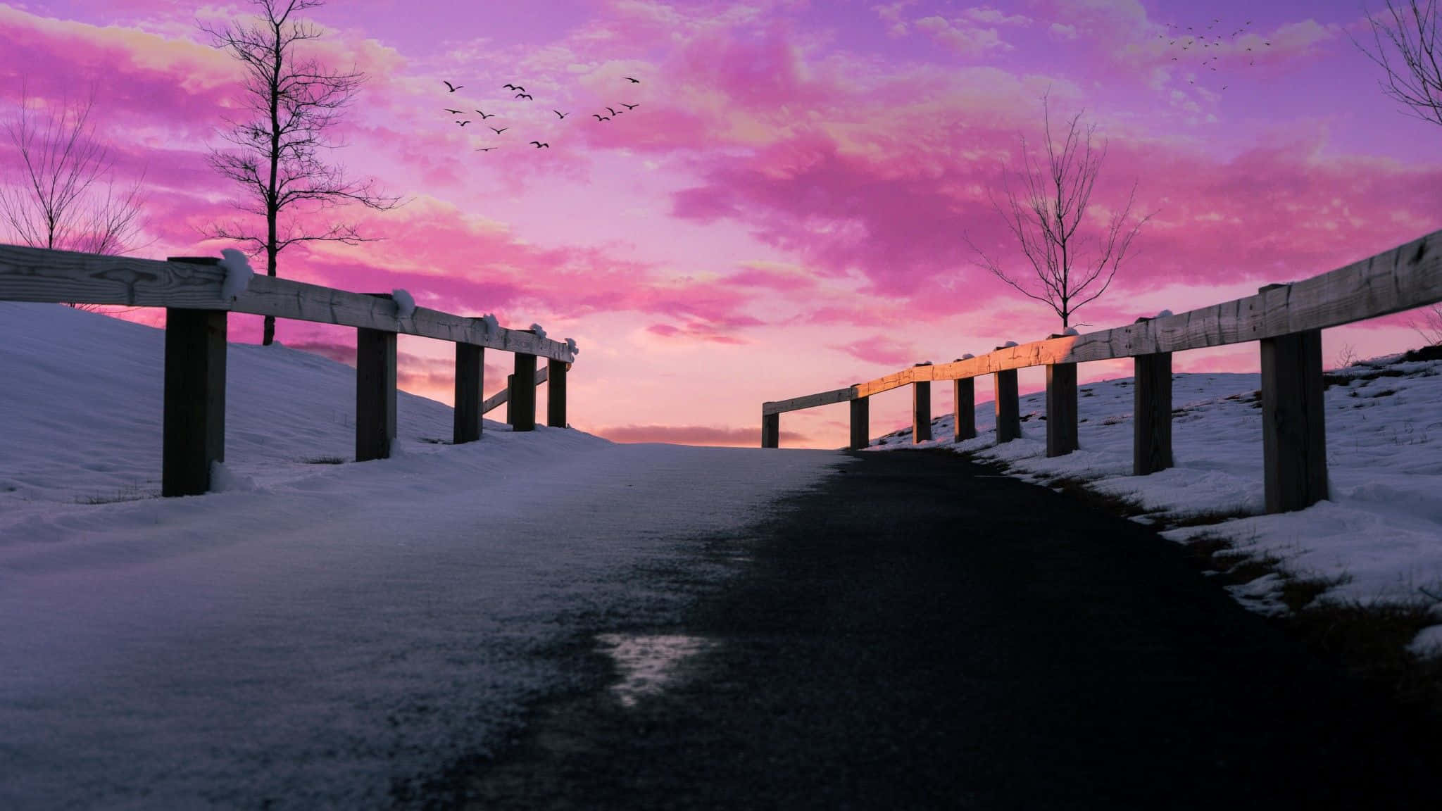 2048x1152 aesthetic, snowy road, pink sky, Full HD Desktop Wallpaper