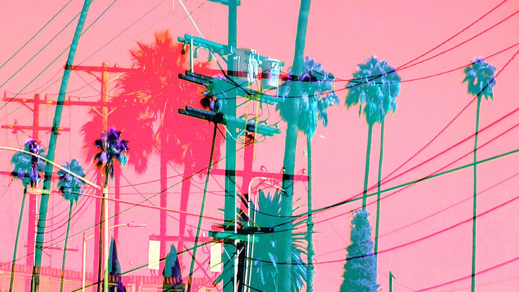 2048x1152 aesthetic, glitch, pink palm trees, Full HD Desktop Wallpaper