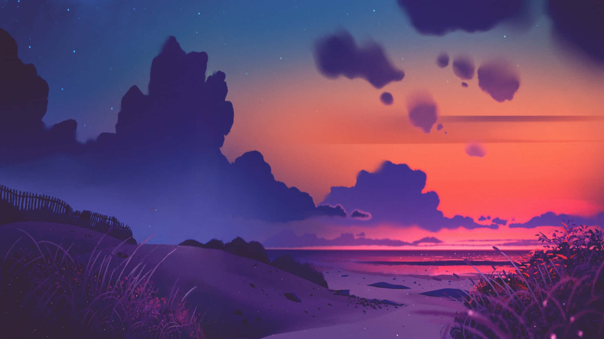 2048x1152 Aesthetic, Sunset Beach, purple and orange skies, Full HD Desktop Wallpaper