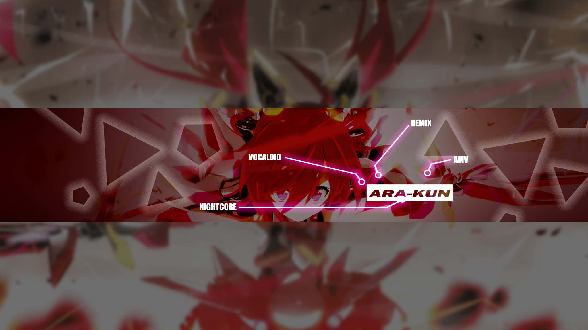 red anime character, glowing pink lines, shattered glass background, Full HD Desktop Wallpaper