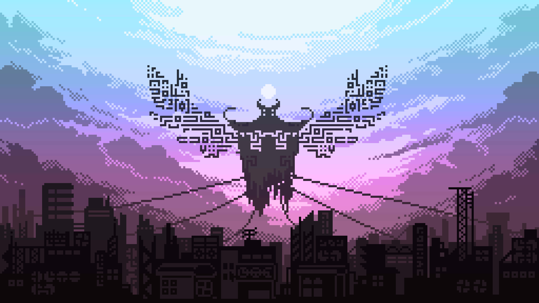 2048x1152 pixel, pixelated moth, city skyline, Full HD Desktop Wallpaper