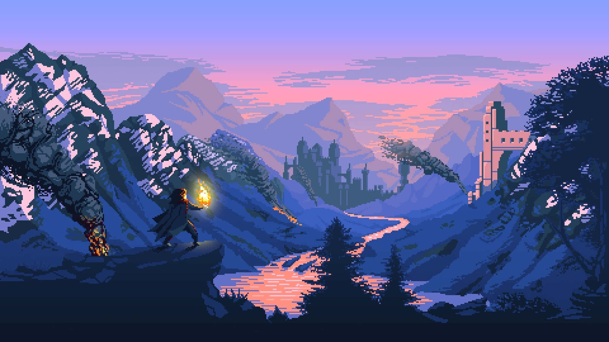 pixel-art adventurer, glowing torch, snowy mountain peak, Full HD Desktop Wallpaper