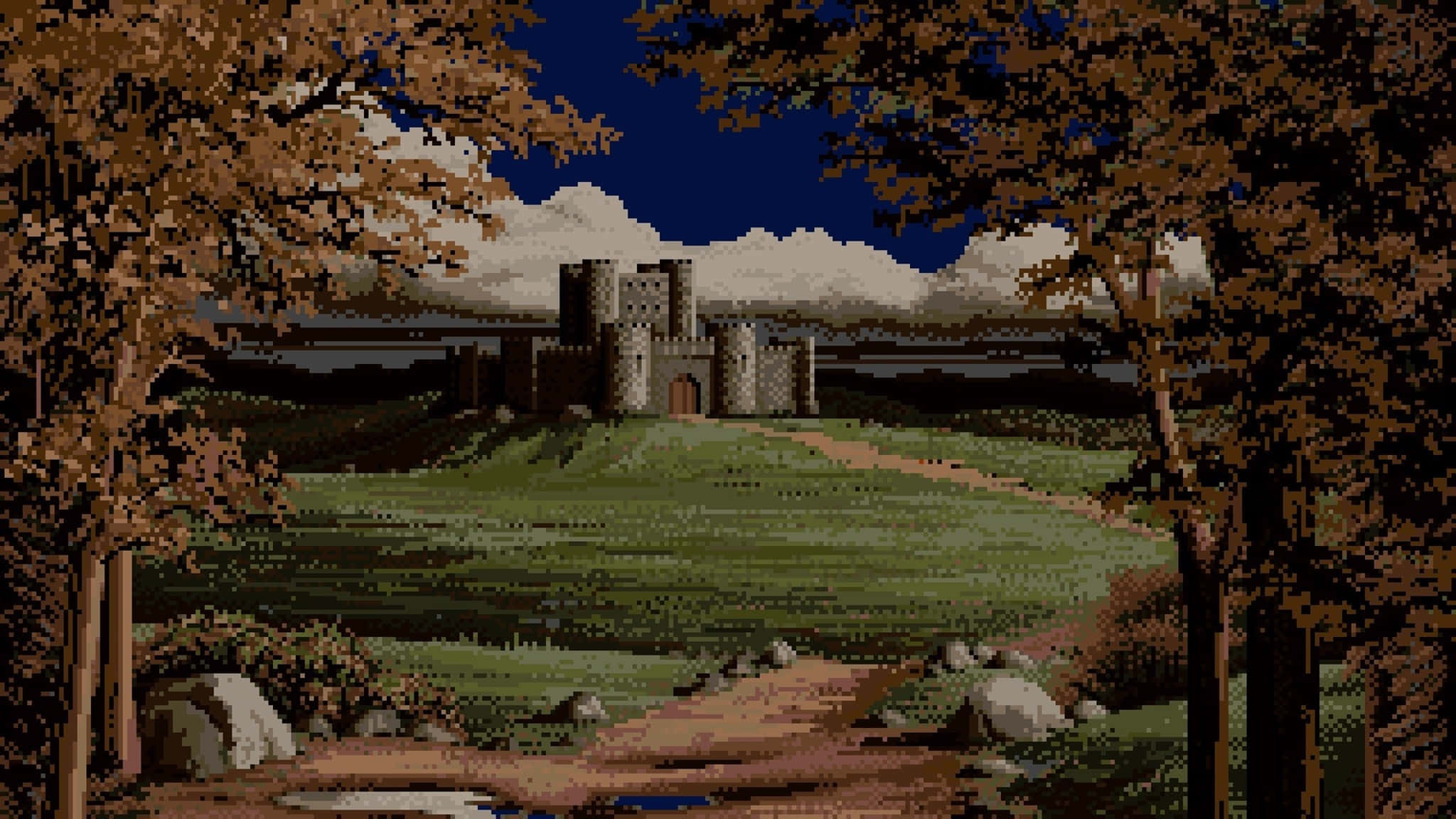 2048x1152 pixel, pixel-art castle, grassy hill, Full HD Desktop Wallpaper