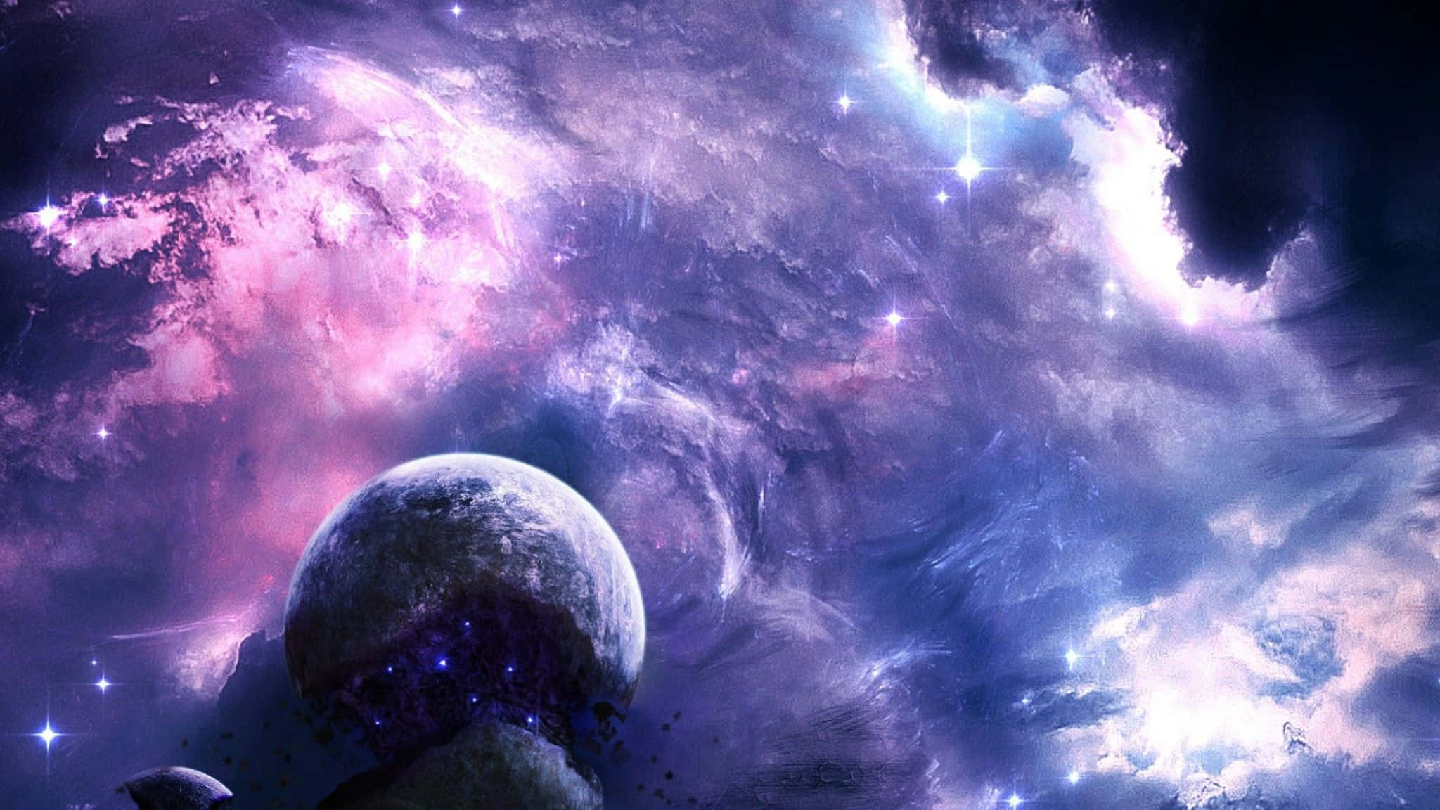 2048x1152 pixel, glowing purple and blue nebula, large planet, Full HD Desktop Wallpaper