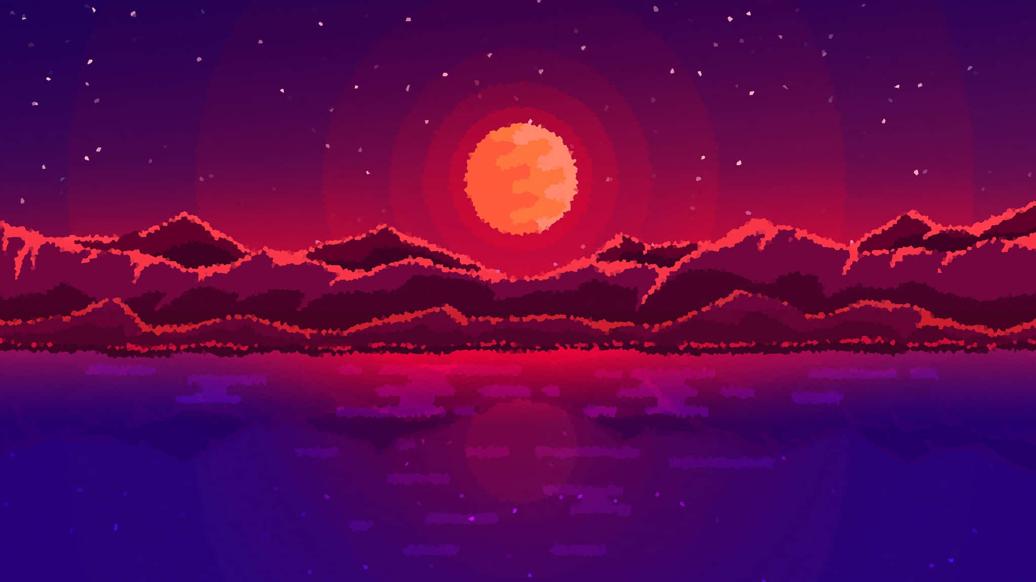pixel-art, sunset, glowing orange sun, Full HD Desktop Wallpaper